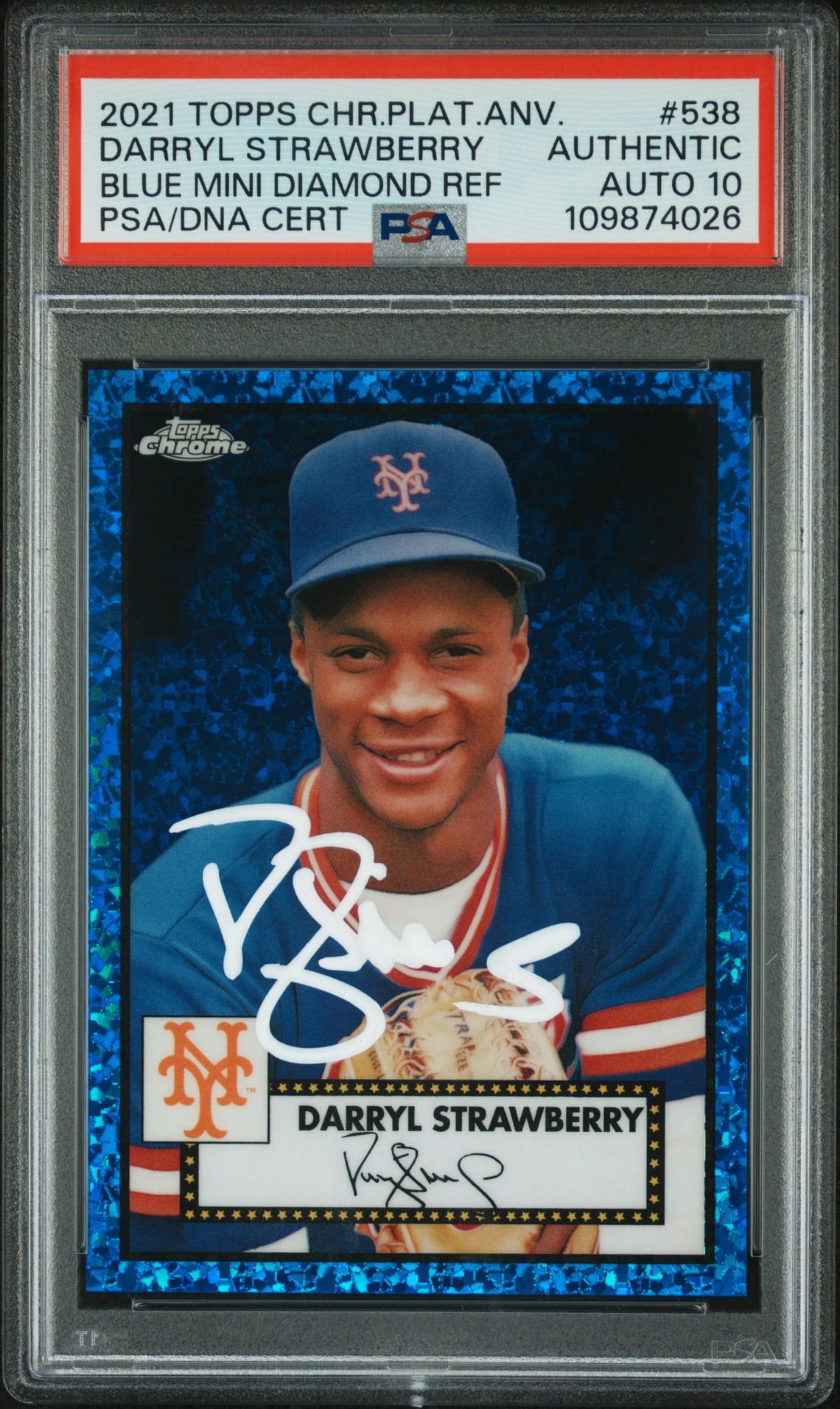 Darryl Strawberry 2021 Topps Chrome Blue Refractor Card #538 Auto PSA 10 38/199