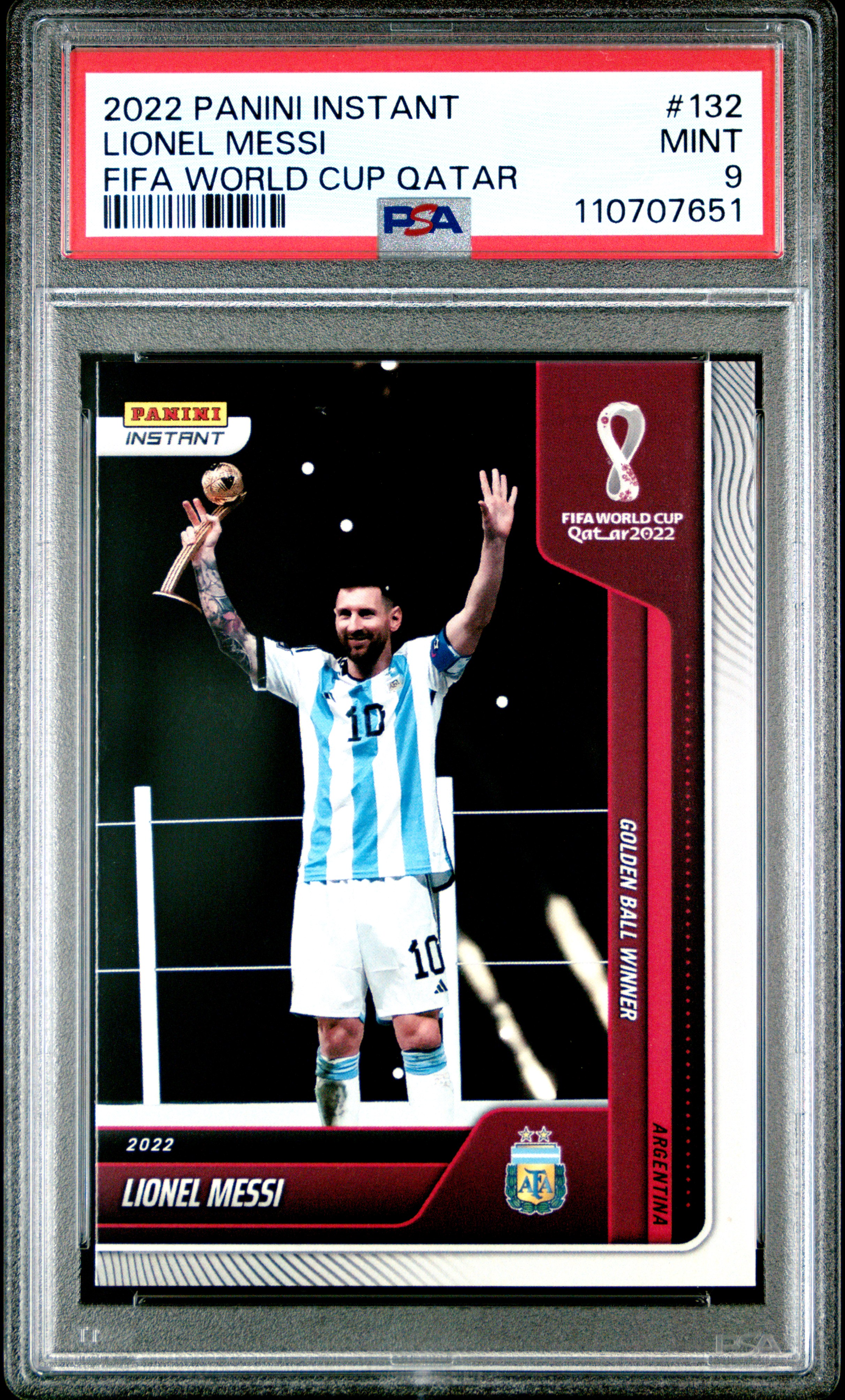 Lionel Messi 2022 Panini Instant FIFA World Cup Qatar Golden Ball Winner Argentina Soccer Card #132 Graded PSA 9 Cert #110707651