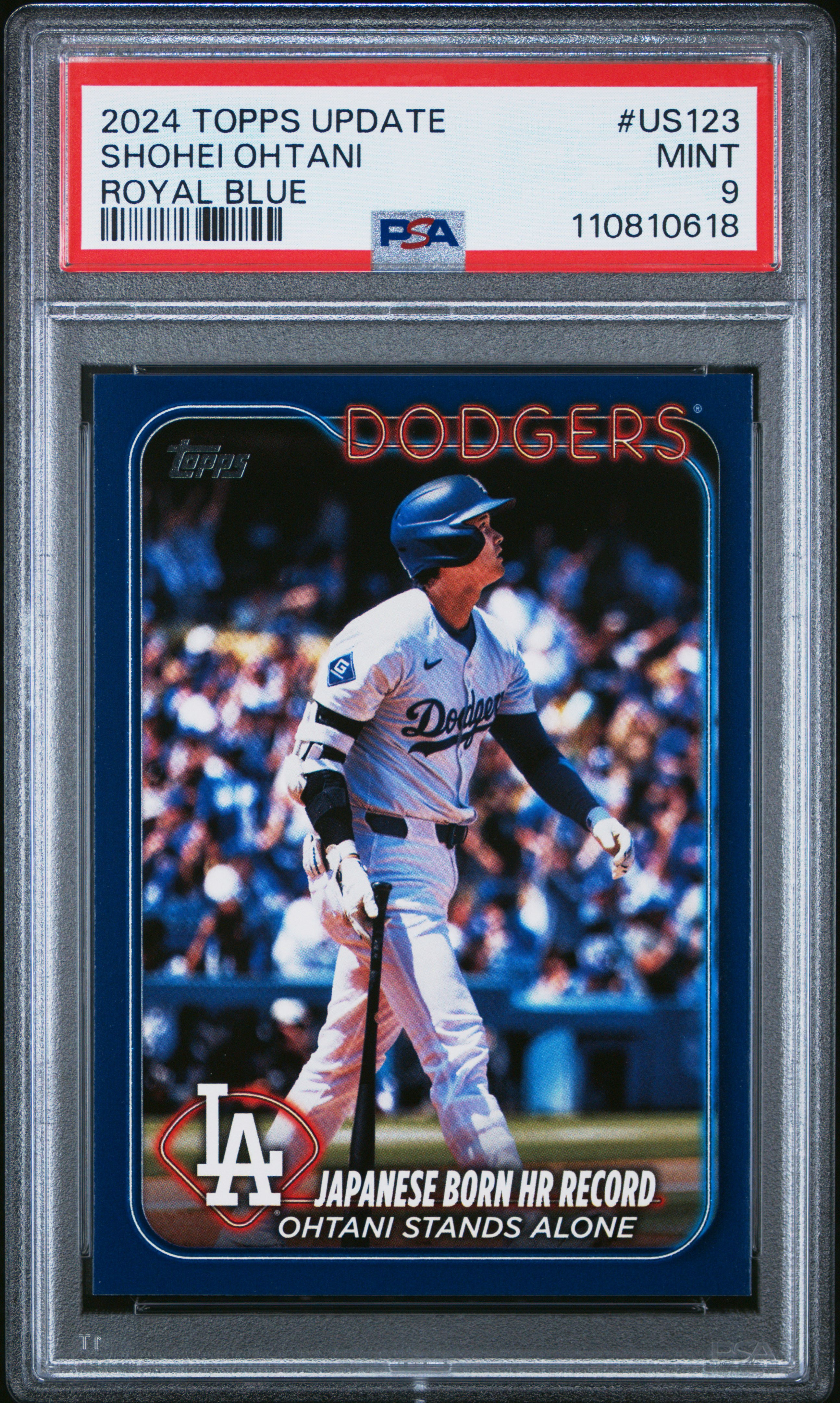 Shohei Ohtani 2024 Topps Update Royal Blue Los Angeles Dodgers Baseball Card #US123 Graded PSA 9 Cert #110810618