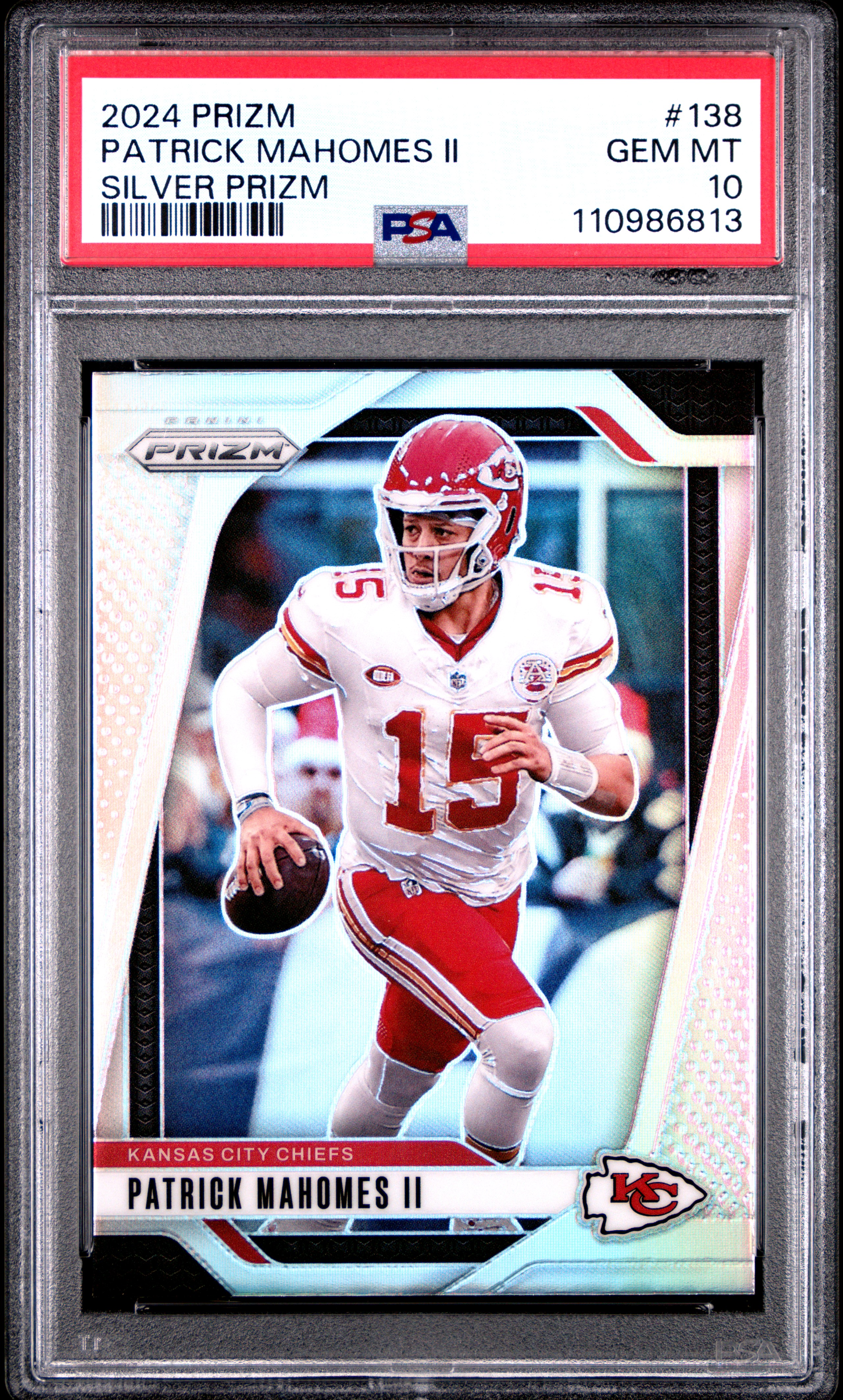 Patrick Mahomes II 2024 Panini Prizm Silver Prizm Kansas City Chiefs Football Card #138 Graded PSA 10 Cert #110986813 Patrick Mahomes II 2024 Panini Prizm Silver Prizm Kansas City Chiefs Football Card #138 Graded PSA 10 Cert #110986813