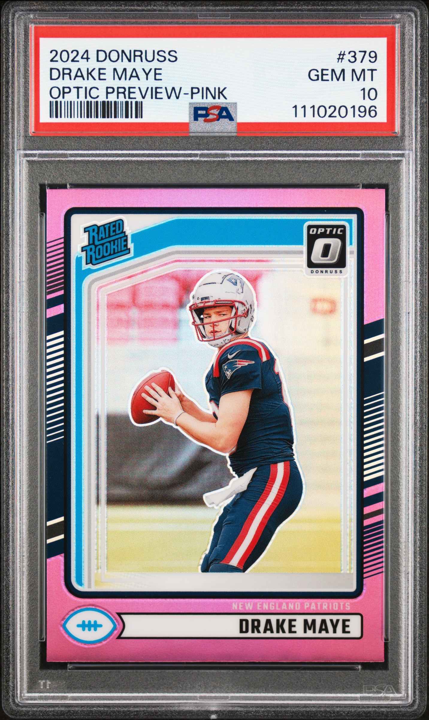 Drake Maye 2024 Donruss Optic Preview Pink Football Rookie Card #379 Graded PSA 10 Cert #111020196