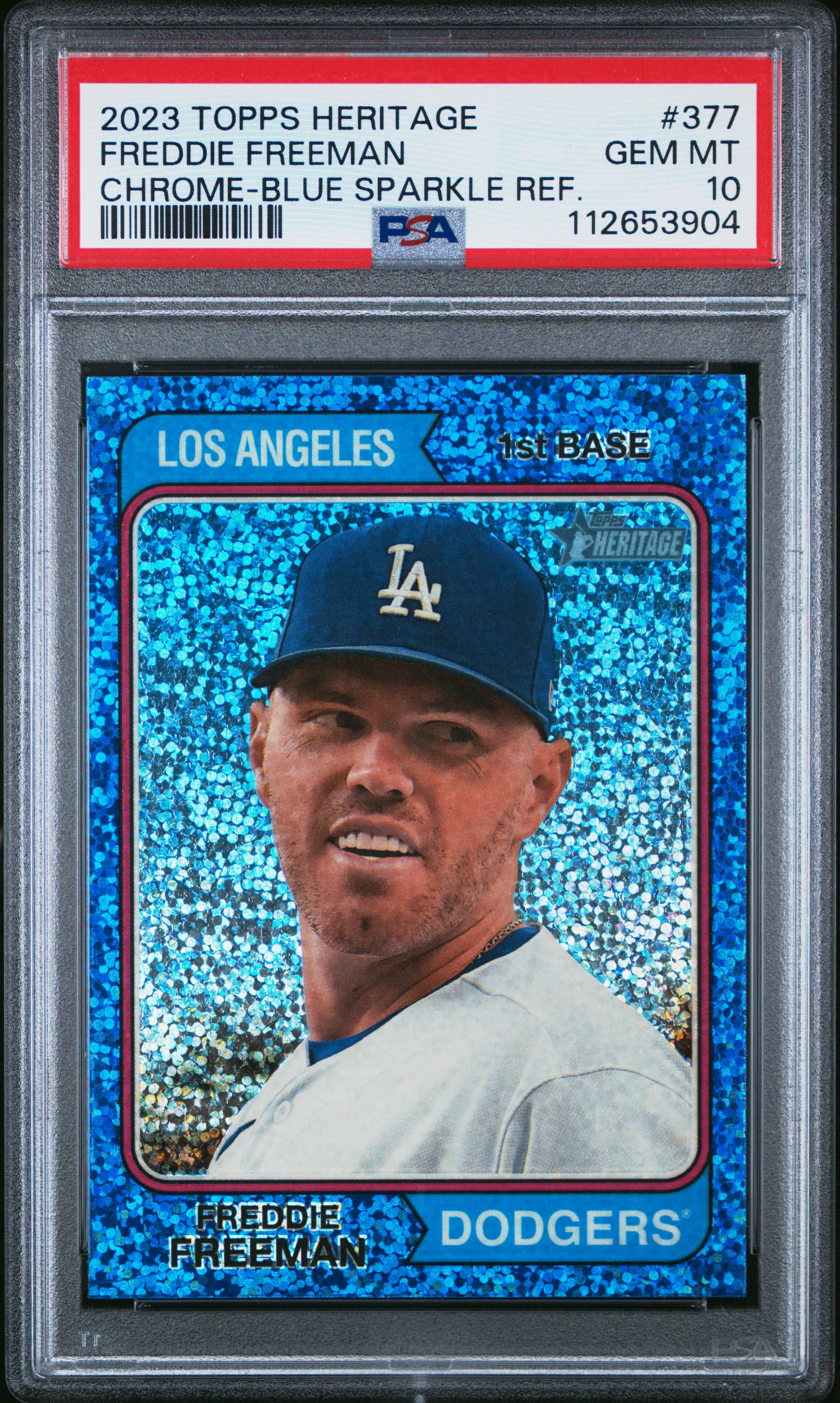 Freddie Freeman 2024 Topps Heritage Chrome Blue Sparkle Refractor Baseball Card #377 Graded PSA 10 Cert # 112653904 Freddie Freeman 2024 Topps Heritage Chrome Blue Sparkle Refractor Baseball Card #377 Graded PSA 10 Cert # 112653904