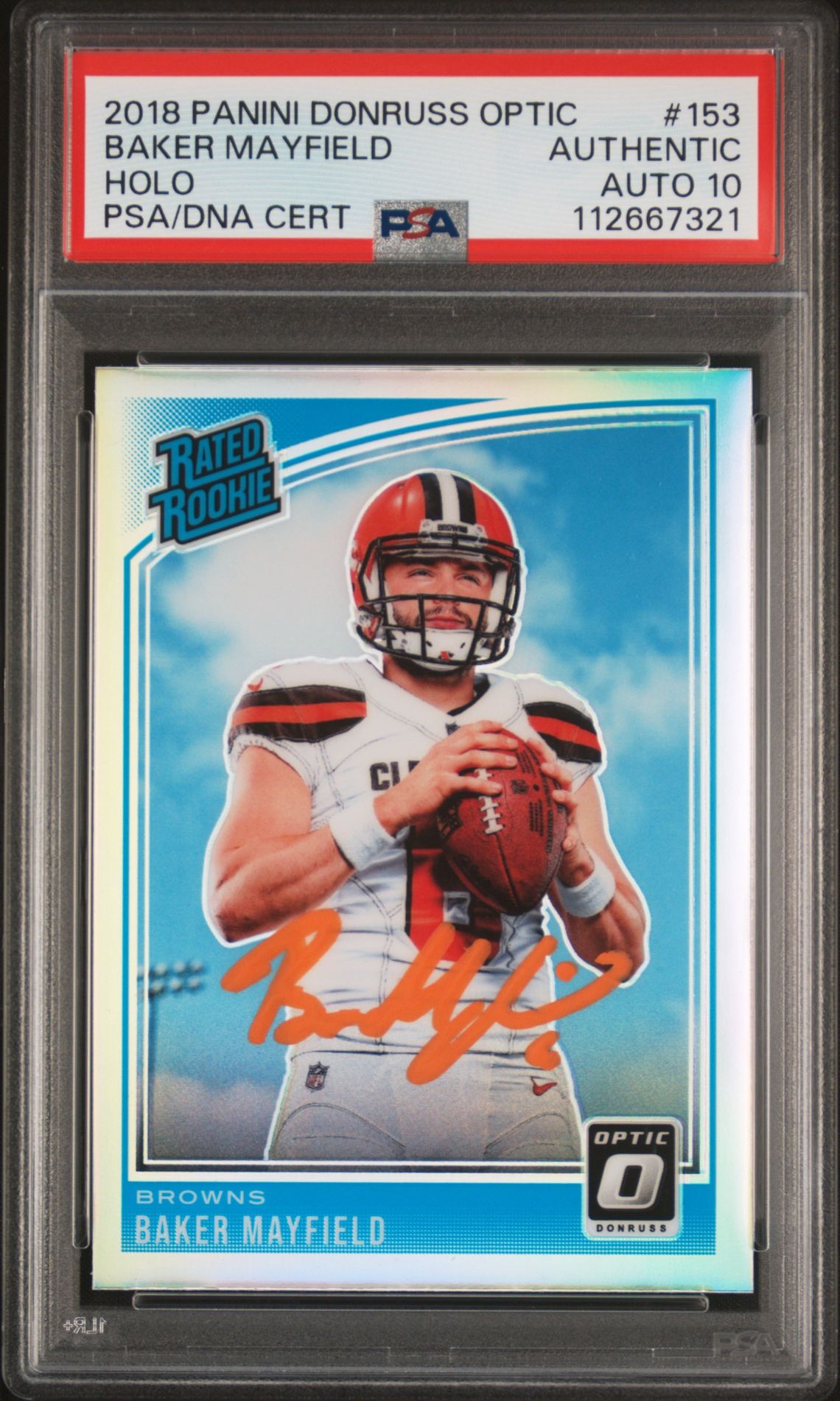 Baker Mayfield 2018 Panini Donruss Optic Holo Rookie Card #153 Auto PSA 10