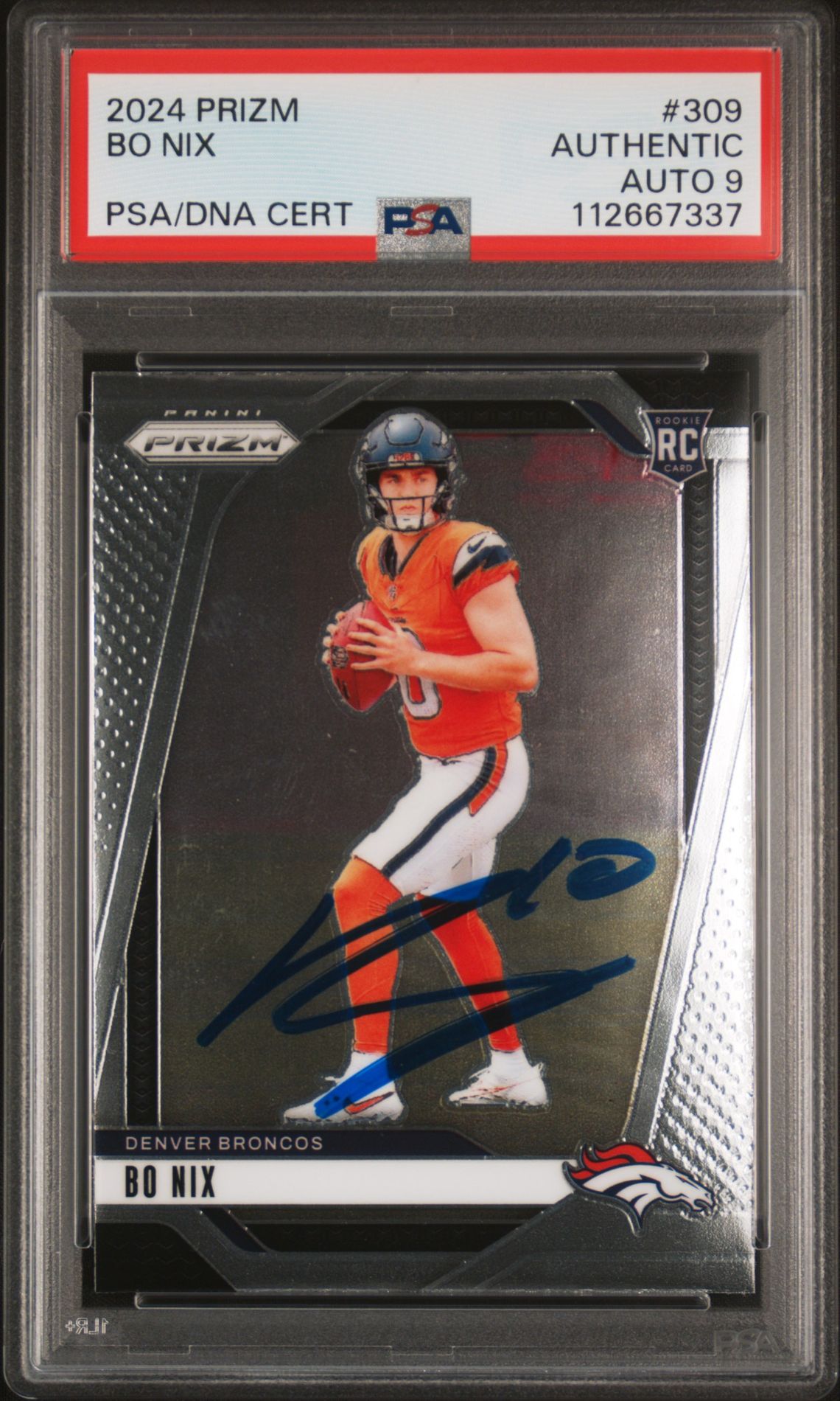 Bo Nix 2024 Panini Prizm Signed Football Rookie Card #309 Auto Graded PSA 9