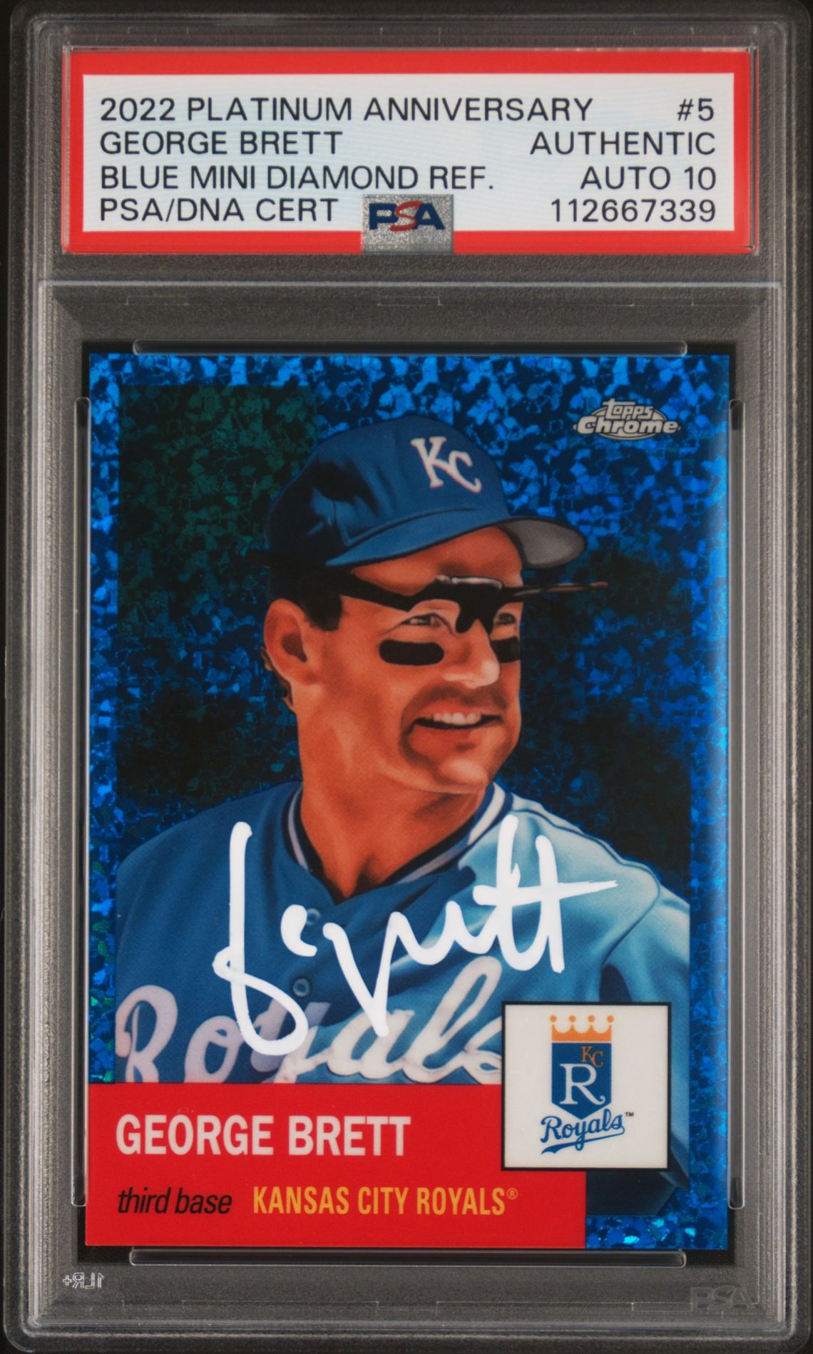 George Brett 2022 Topps Chrome Diamond Blue Refractor Card #5 Auto PSA 10 13/199