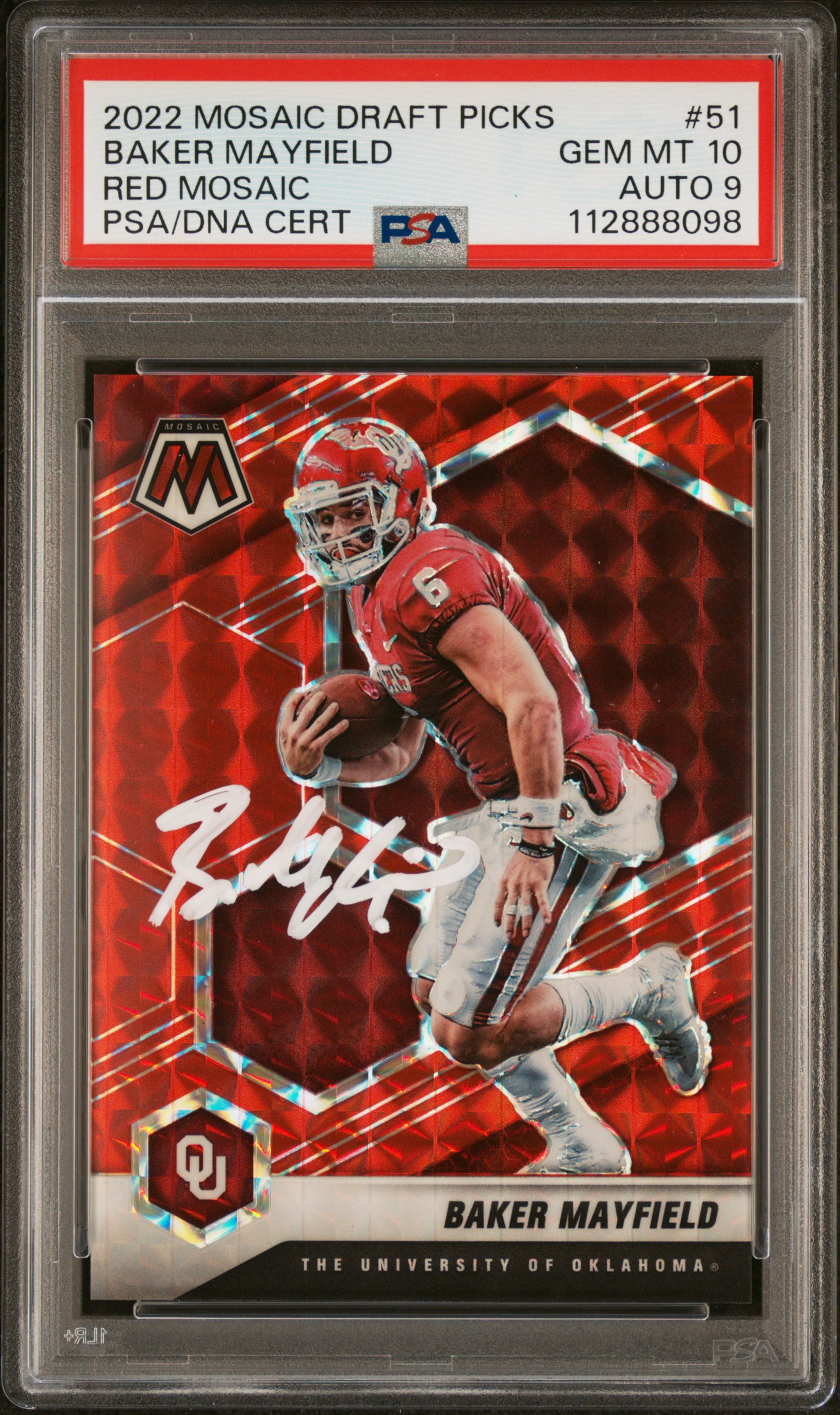 Baker Mayfield 2022 Panini Mosaic Draft Picks Red Card #51 PSA 10 Auto 9 81/99
