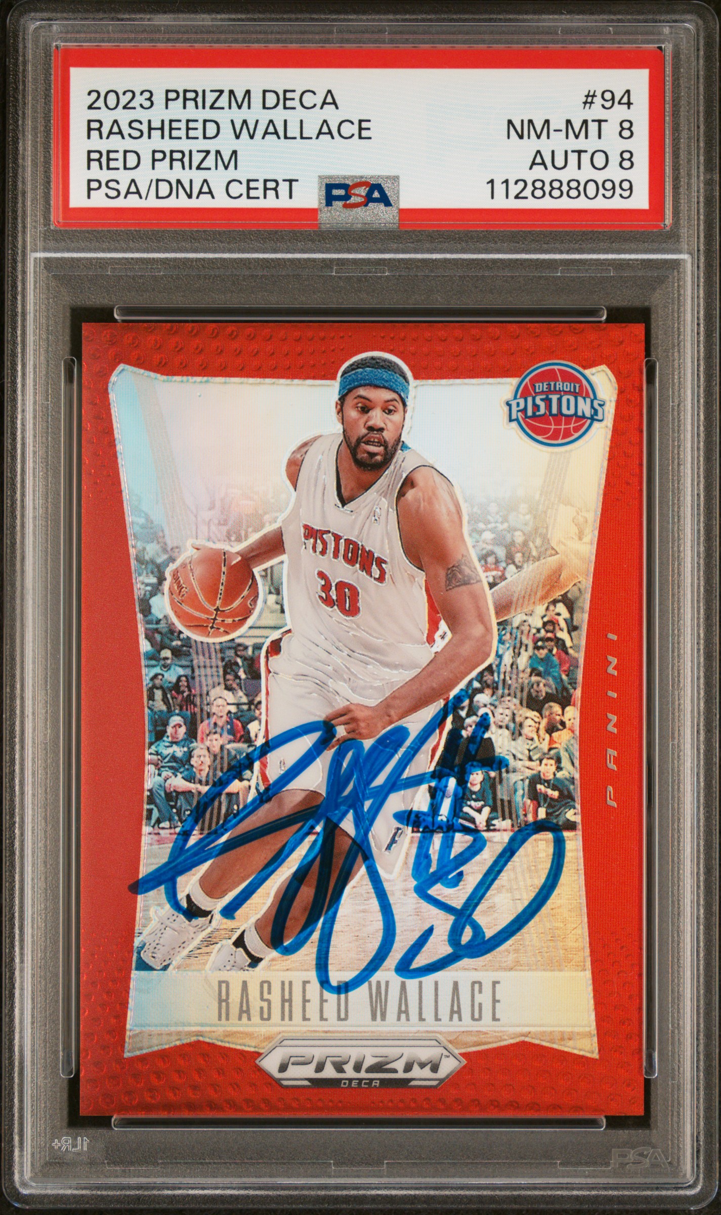 Rasheed Wallace 2023 Panini Prizm Deca Red Card #94 Graded PSA 8 Auto 8 98/199