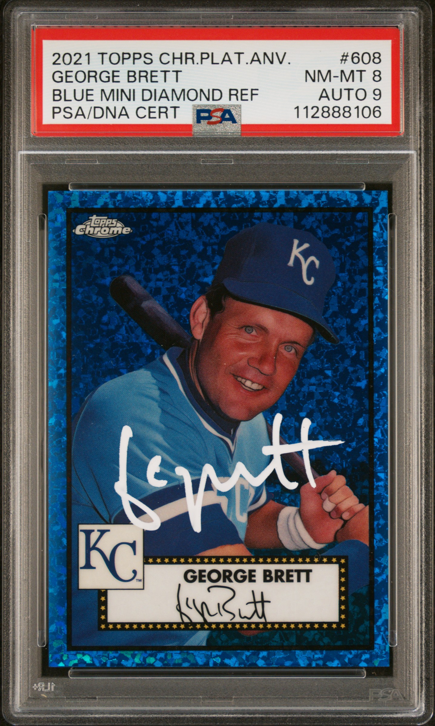 George Brett 2021 Topps Chrome Blue Refractor Card #608 PSA 8 Auto 9 93/199