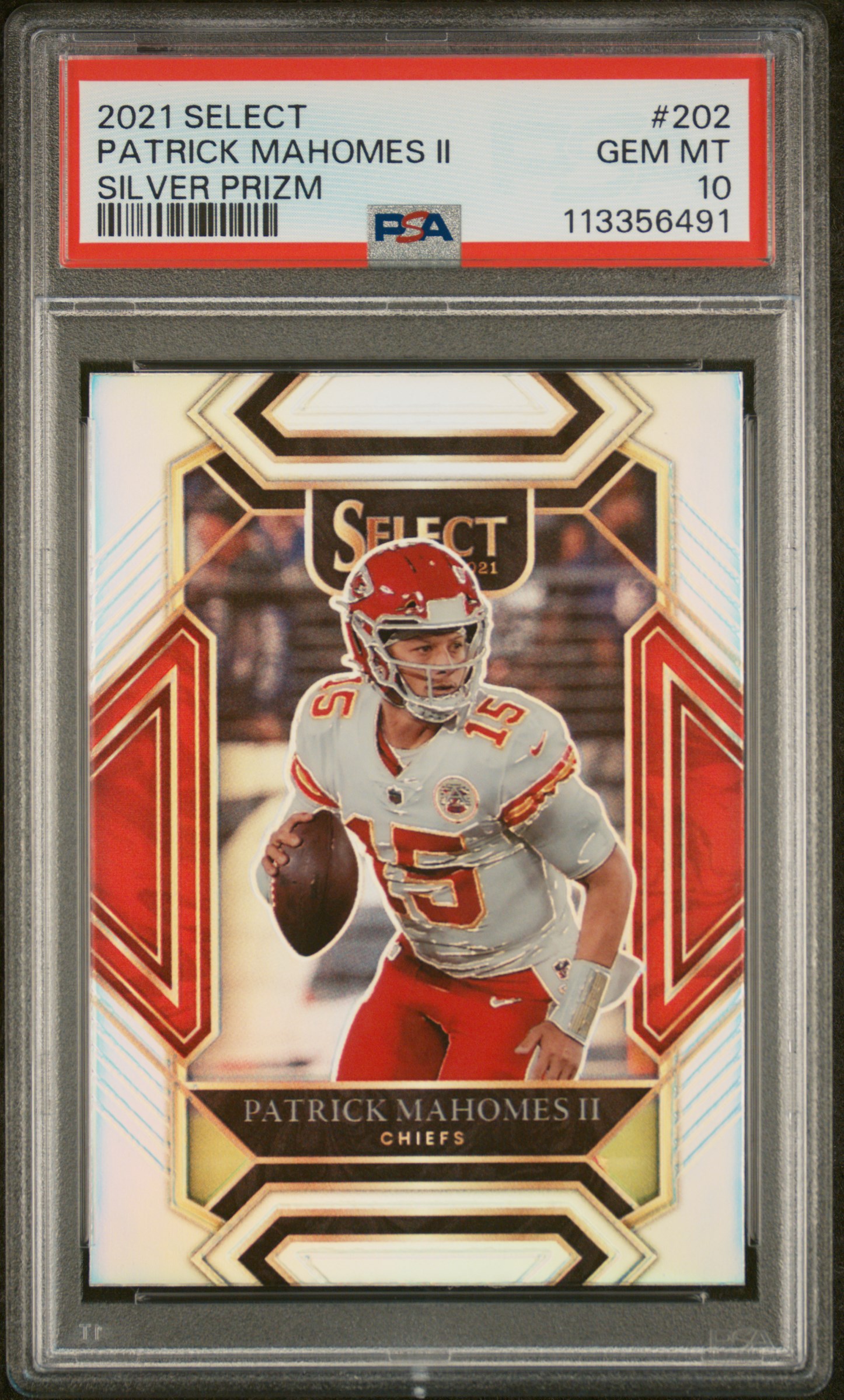 Patrick Mahomes II 2021 Panini Select Silver Prizm Kansas City Chiefs Football Card #202 Graded PSA 10 Cert #113356491 Patrick Mahomes II 2021 Panini Select Silver Prizm Kansas City Chiefs Football Card #202 Graded PSA 10 Cert #113356491