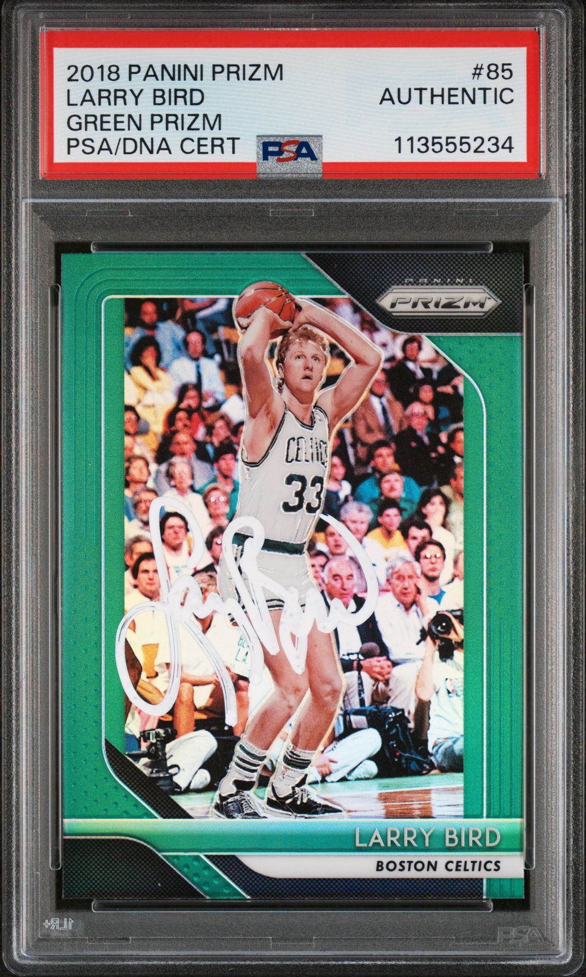 Larry Bird 2018 Panini Prizm Green Card #85 Auto Graded Authentic PSA 113555234