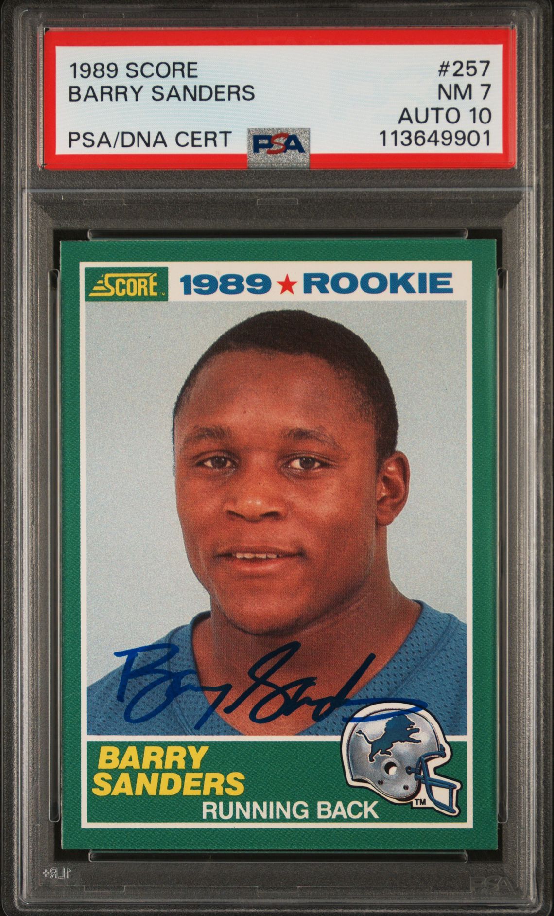 Barry Sanders 1989 Score Signed Football Rookie Card #257 Graded PSA 7 Auto 10