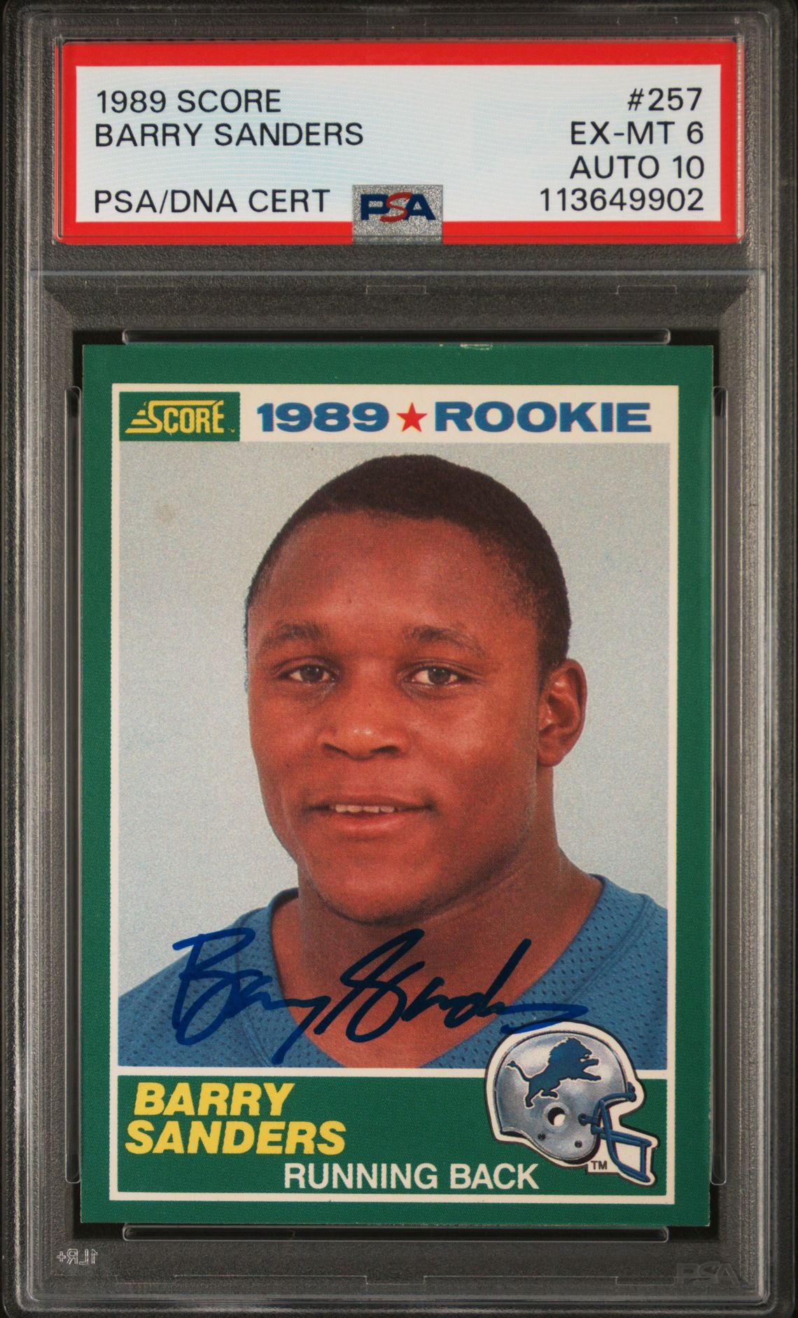 Barry Sanders 1989 Score Signed Football Rookie Card #257 Graded PSA 6 Auto 10
