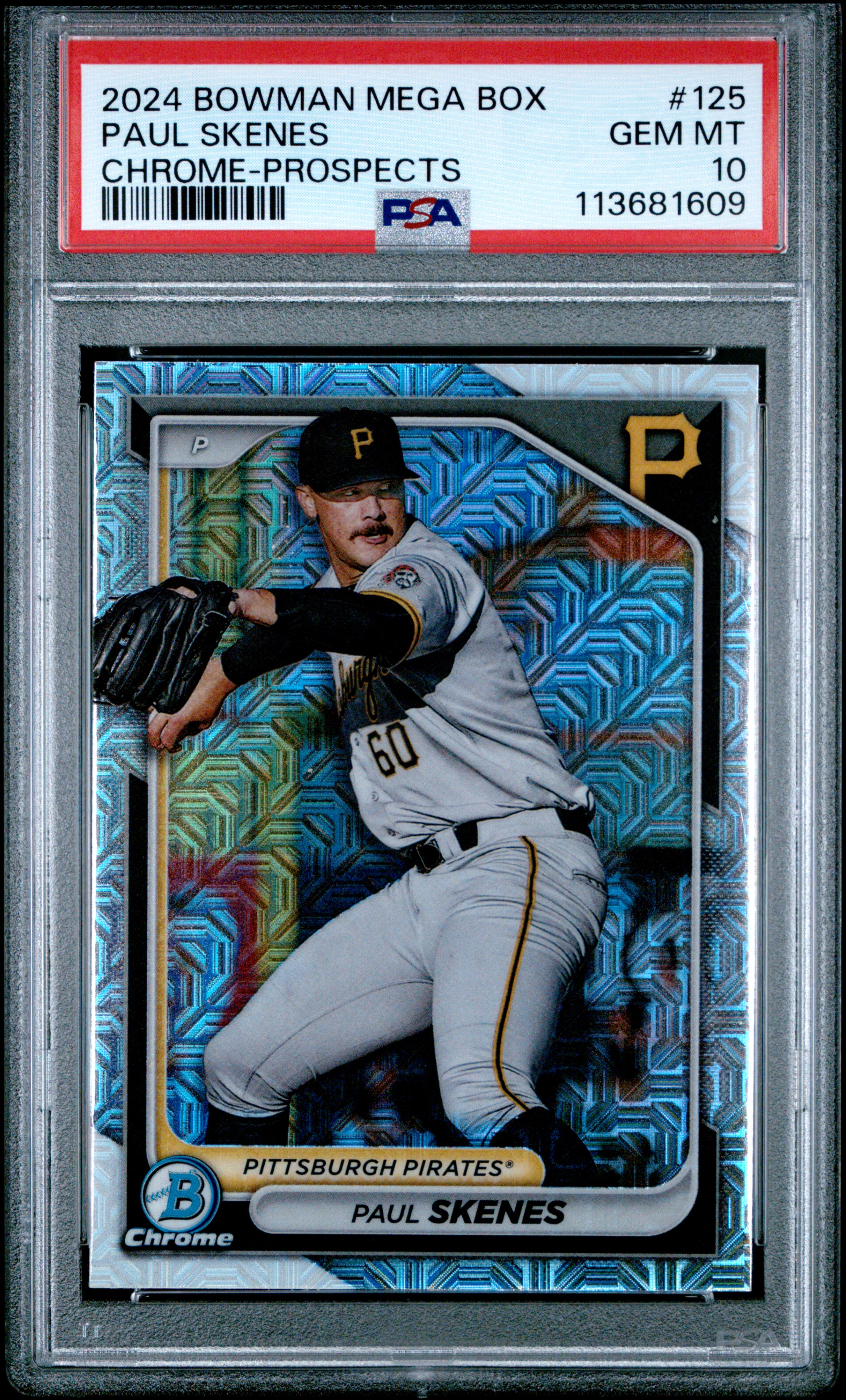 Paul Skenes 2024 Bowman Mega Box Chrome Prospects Pittsburgh Pirates Baseball Rookie Card #125 Graded PSA 10 Cert #113681609