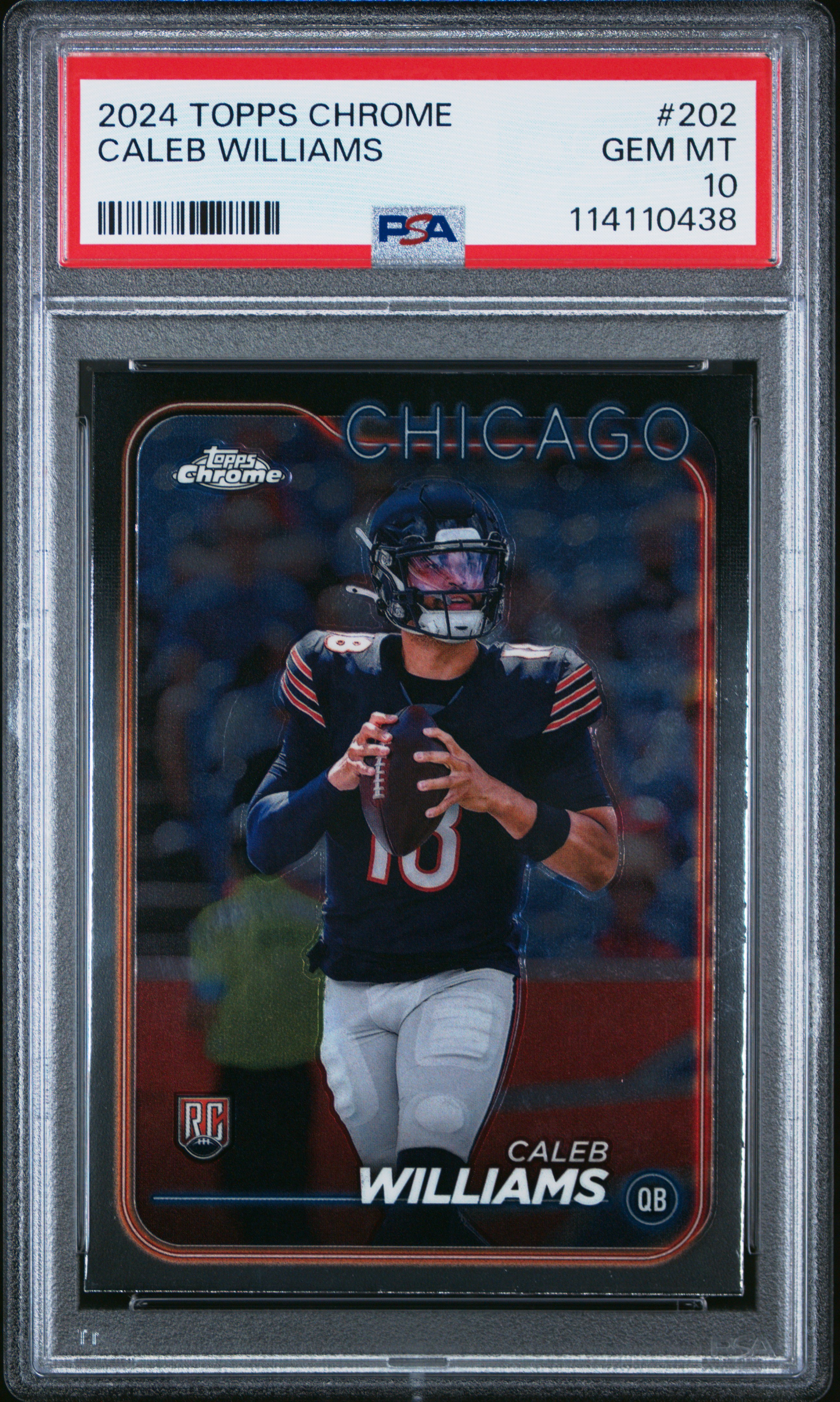 Caleb Williams 2024 Topps Chrome Football Rookie Card #202 Graded PSA 10 Cert # 114110438 Caleb Williams 2024 Topps Chrome Football Rookie Card #202 Graded PSA 10 Cert # 114110438