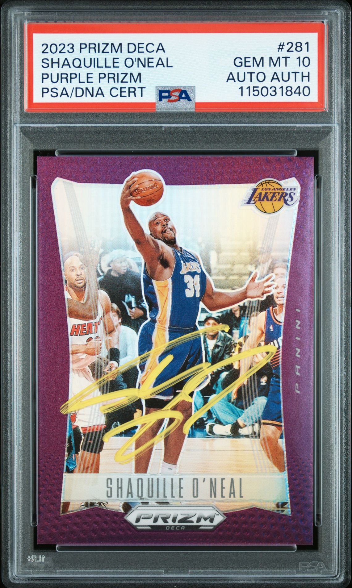 Shaquille O'Neal 2023 Panini Prizm Deca Purple Signed Basketball Card #281 Graded PSA 10 Auto 115031840 77/99