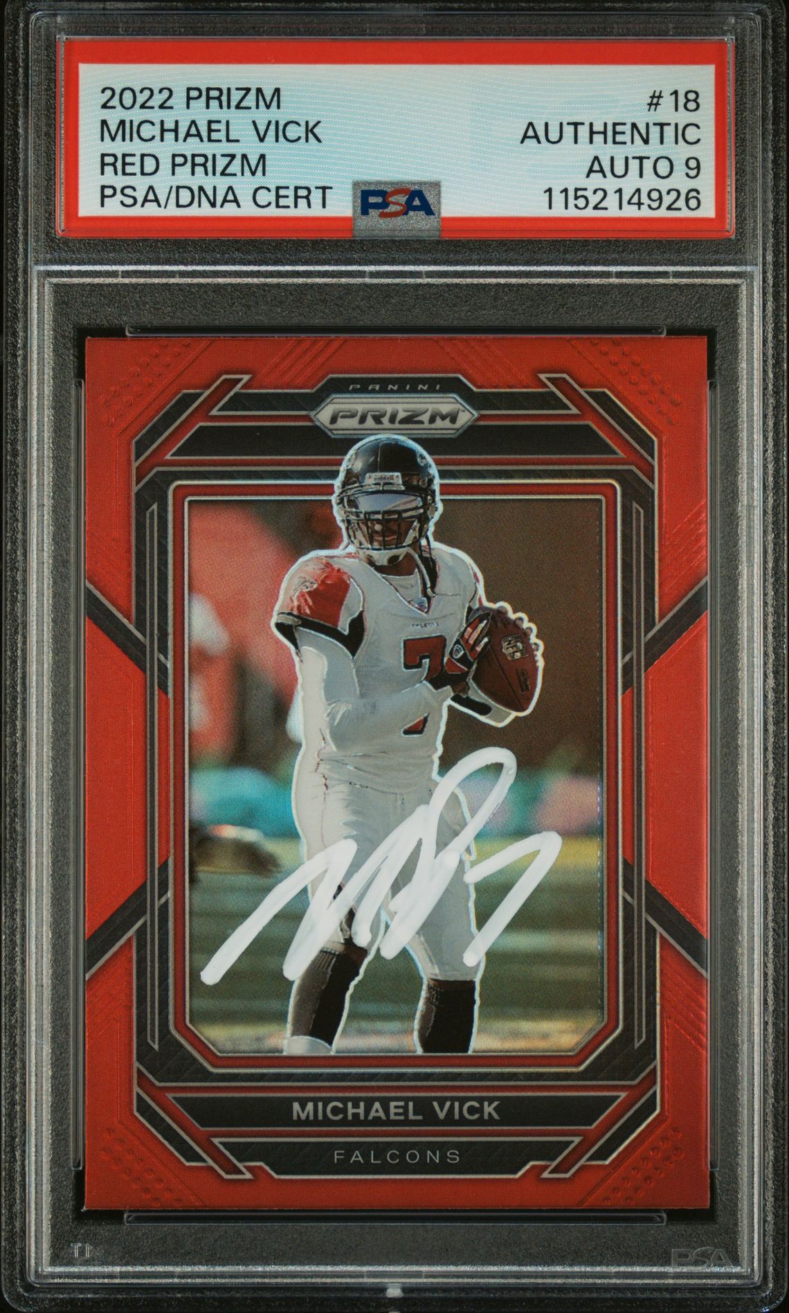 Michael Vick 2022 Panini Prizm Red Signed Football Card #18 Auto Graded PSA 9 Cert # 115214926
