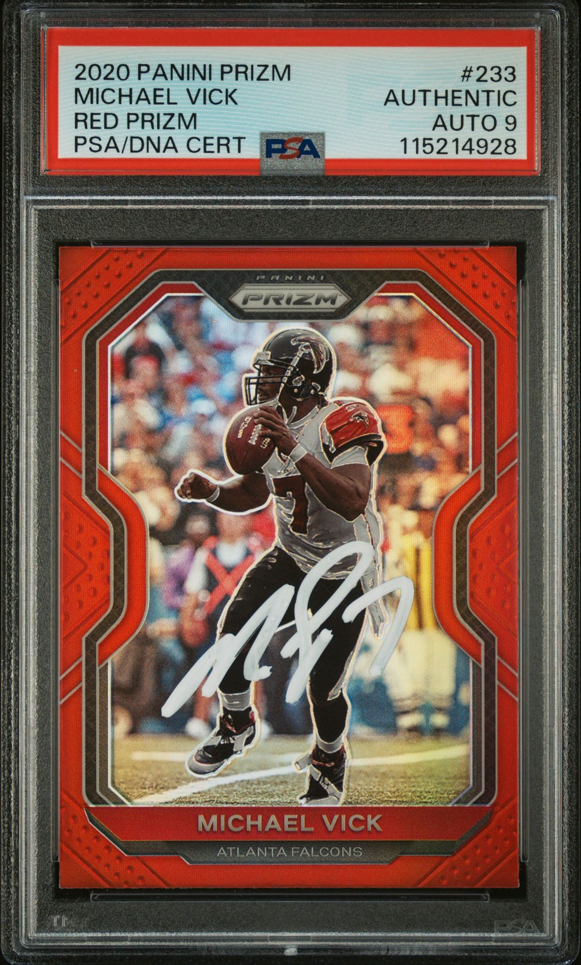 Michael Vick 2020 Panini Prizm Red Signed Football Card #233 Auto Graded PSA 9 Cert # 115214928