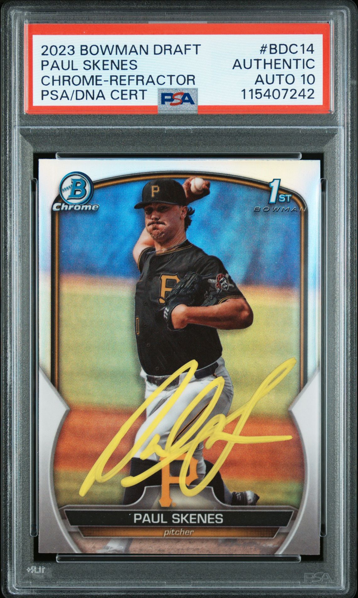 Paul Skenes 2023 Bowman Draft Chrome Refractor Signed Rookie Card #BDC14 Auto Graded PSA 10 115407242