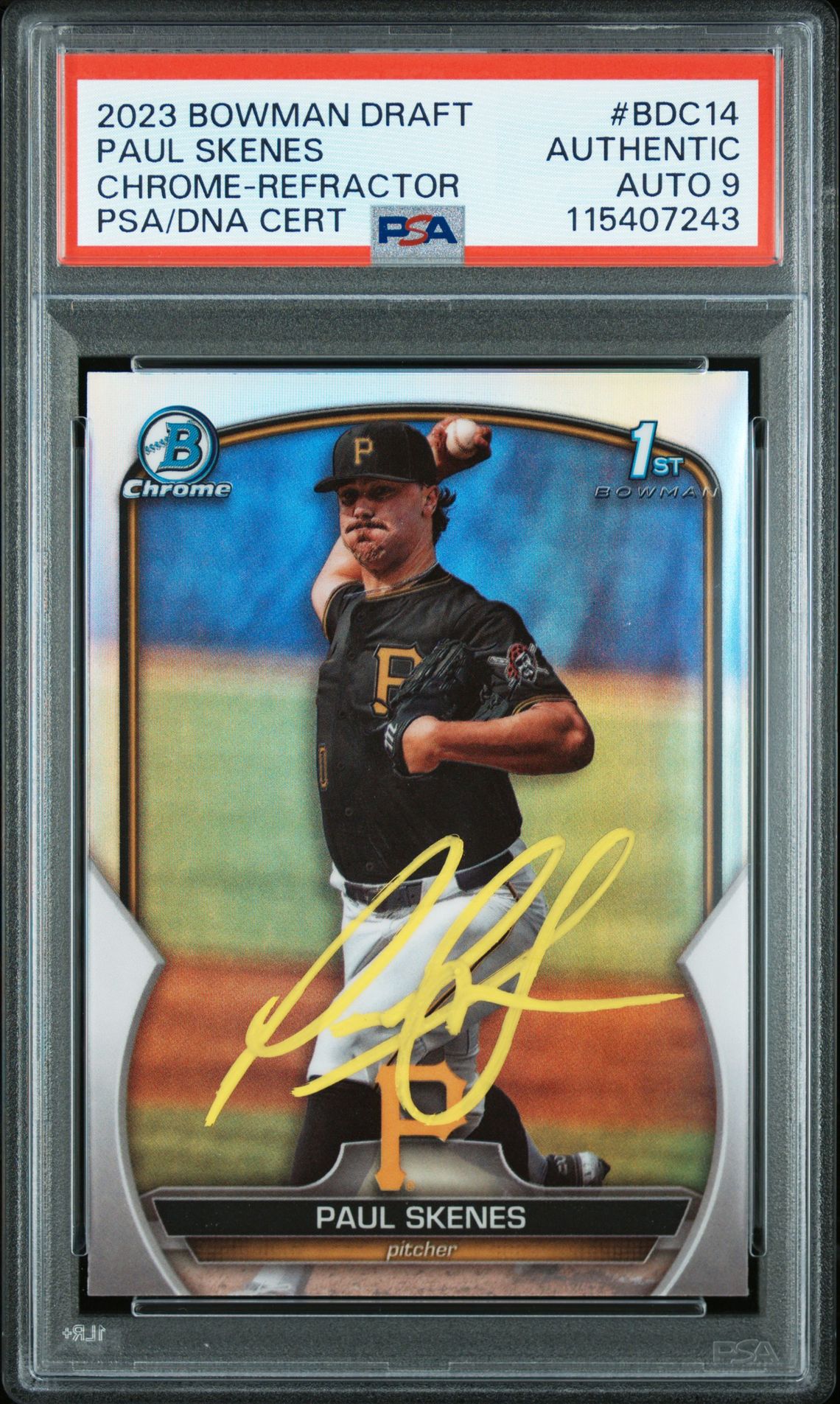 Paul Skenes 2023 Bowman Draft Chrome Refractor Signed Rookie Card #BDC14 Auto Graded PSA 9 115407243