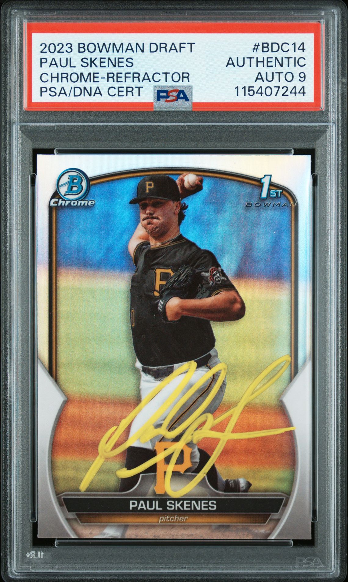 Paul Skenes 2023 Bowman Draft Chrome Refractor Signed Rookie Card #BDC14 Auto Graded PSA 9 115407244
