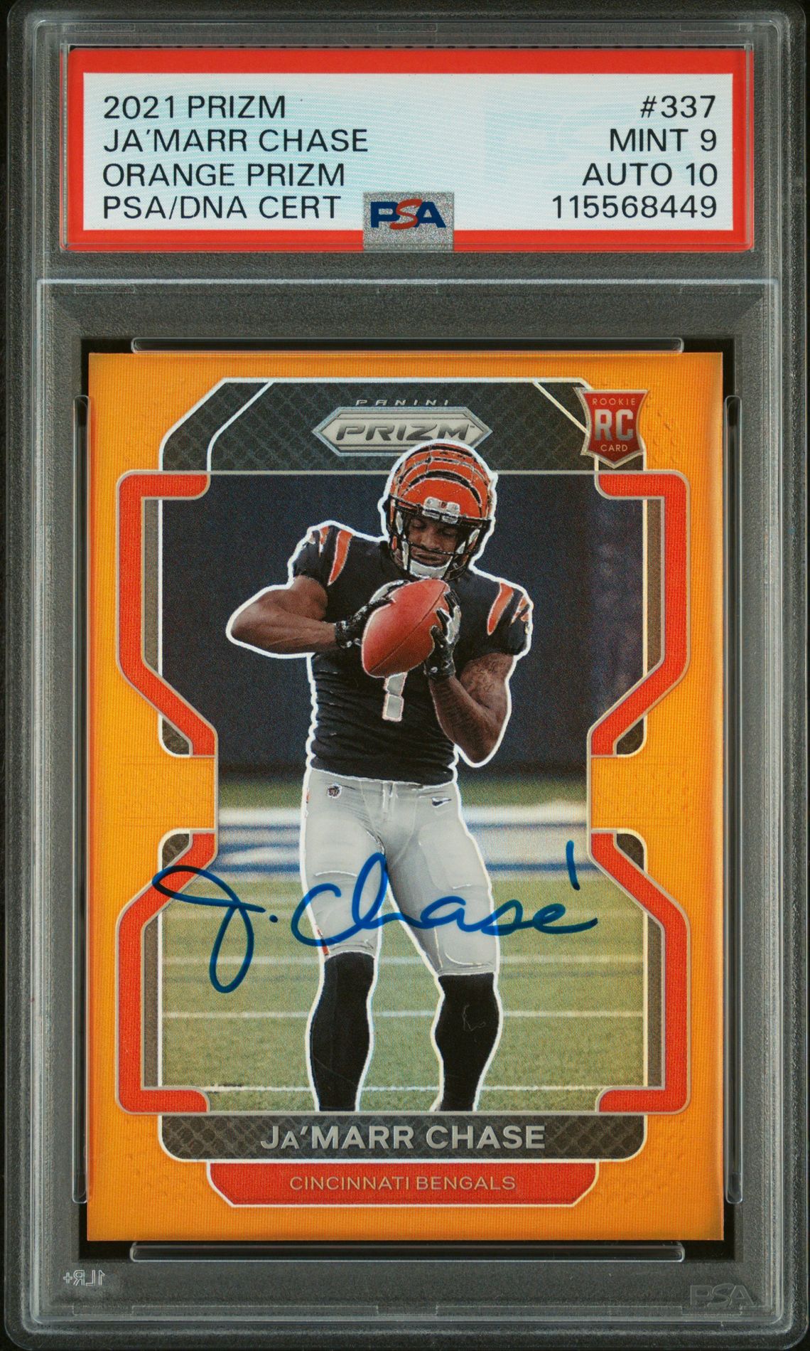 Ja'Marr Chase 2021 Panini Prizm Orange Signed Football Rookie Card #337 Graded PSA 9 Auto 10 52/249 Cert # 115568449
