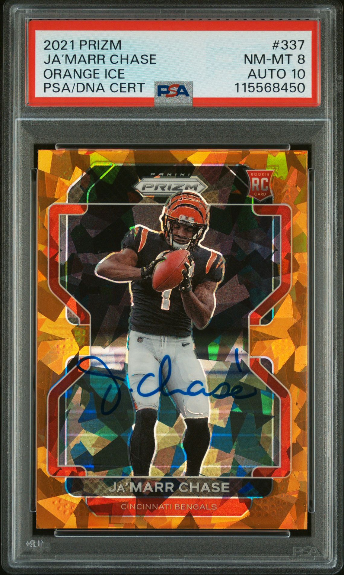 Ja'Marr Chase 2021 Panini Prizm Orange Ice Signed Football Rookie Card #337 Graded PSA 8 Auto 10 Cert # 115568450