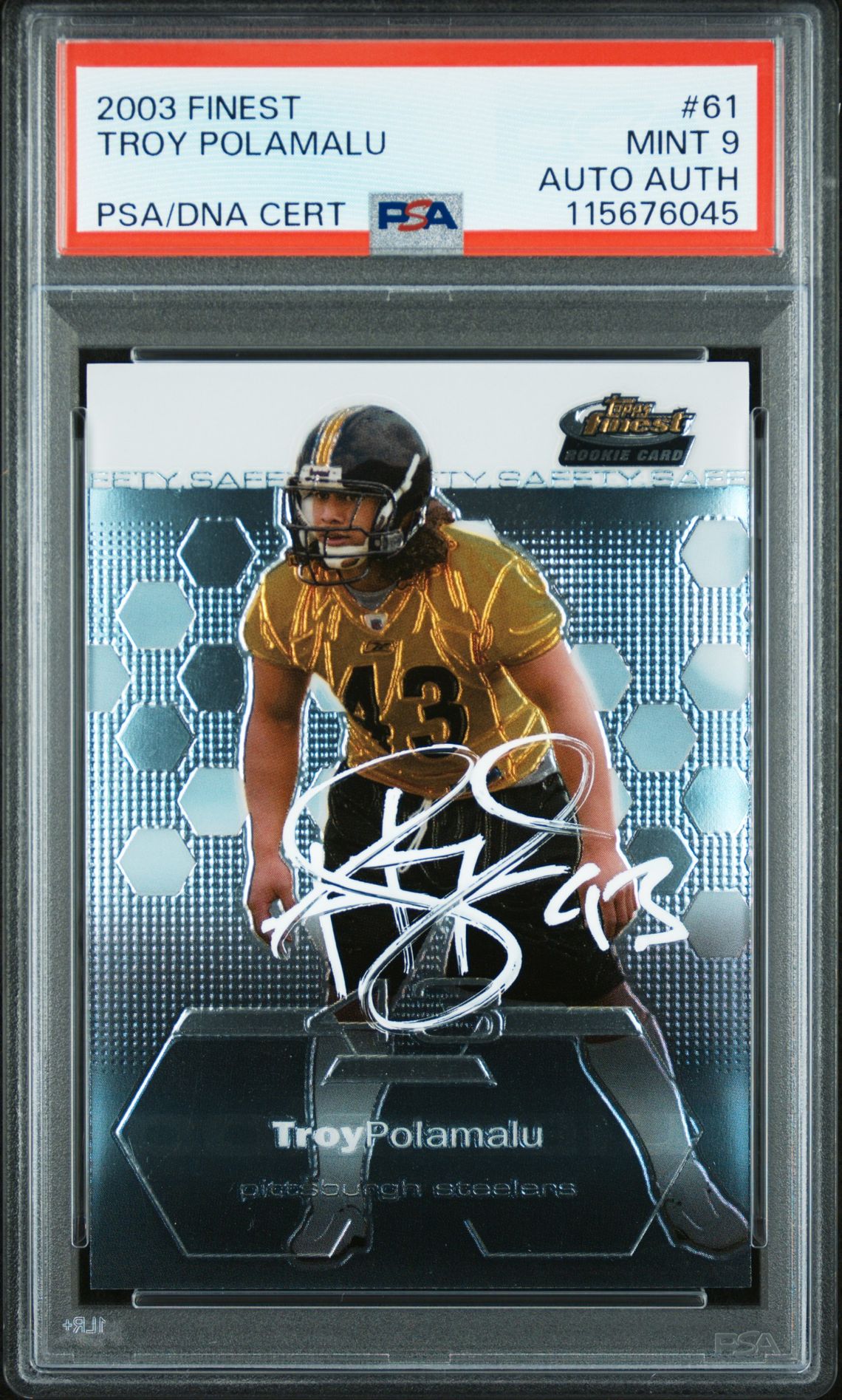 Troy Polamalu 2003 Topps Finest Signed Football Rookie Card #61 Graded PSA 9 Authentic Auto Cert # 115676045