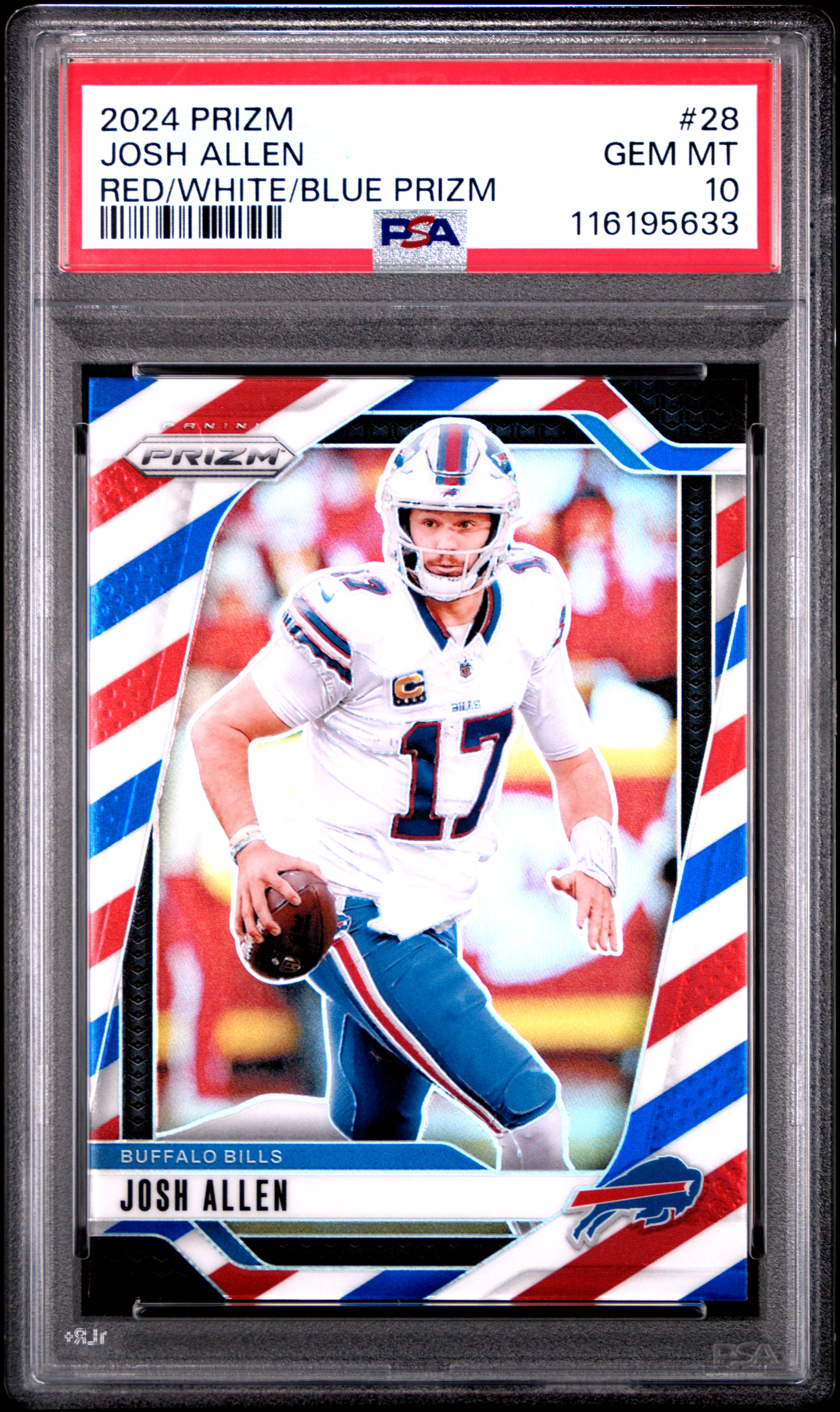 Josh Allen 2024 Panini Prizm Red White Blue Football Card #28 Graded PSA 10 Cert # 116195633 Josh Allen 2024 Panini Prizm Red White Blue Football Card #28 Graded PSA 10 Cert # 116195633