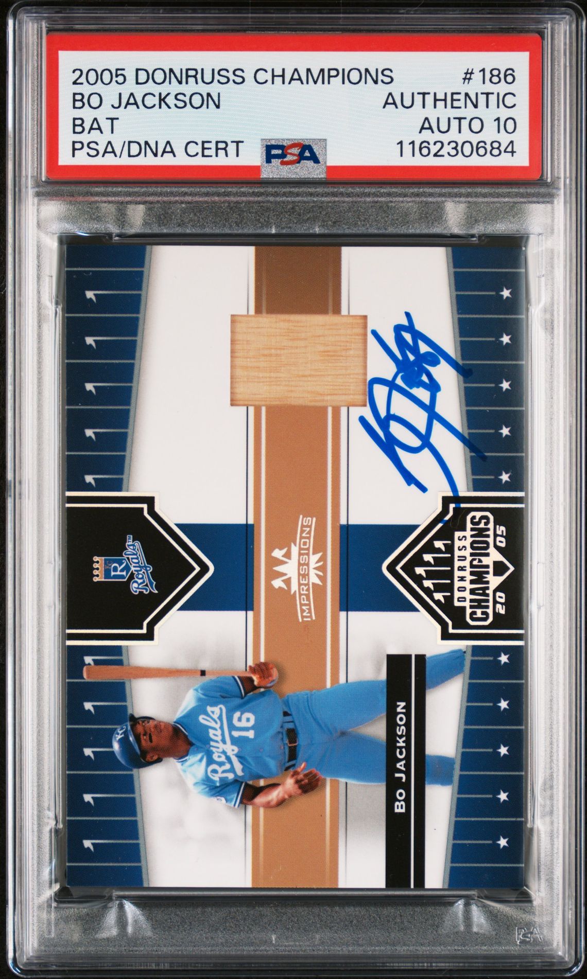 Bo Jackson 2005 Donruss Champions Game Used Bat Baseball Signed Card #186 Auto Graded PSA 10 Cert # 116230684