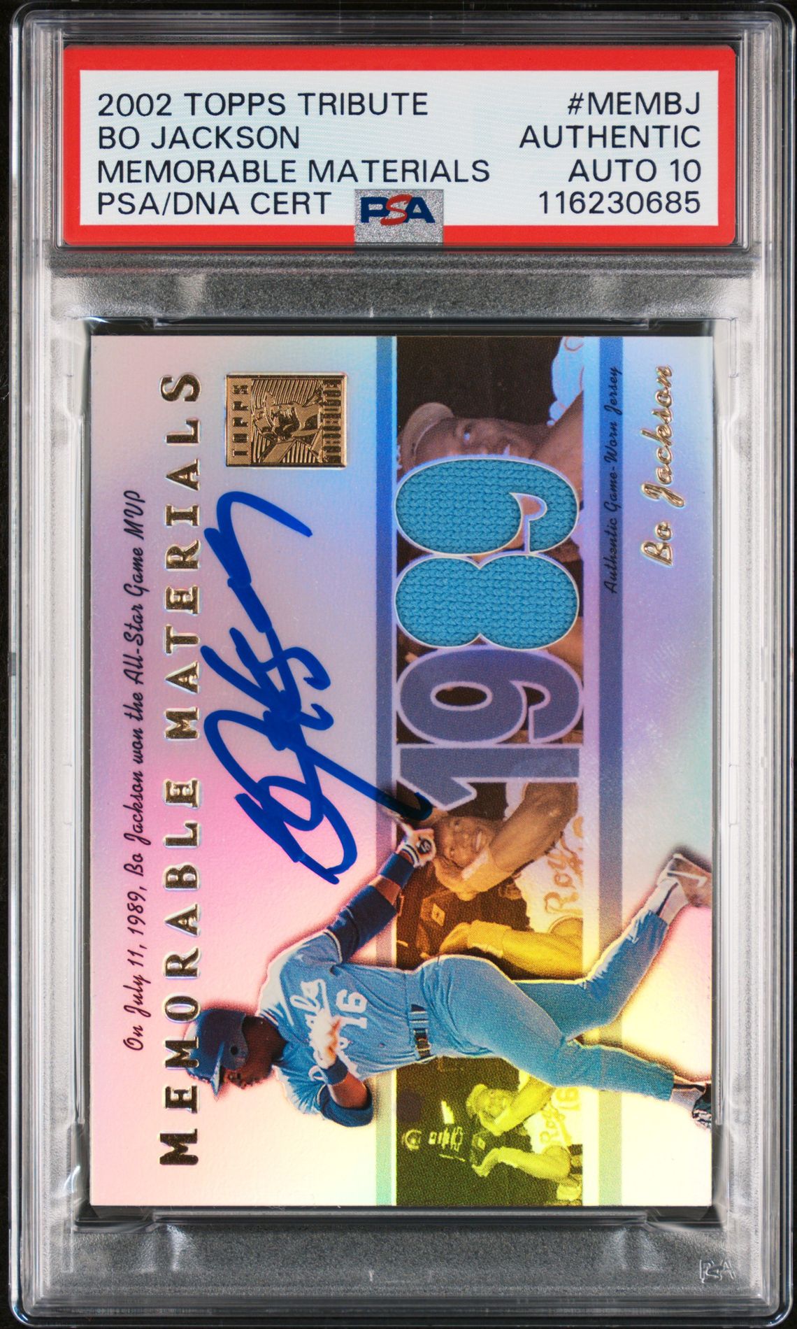 Bo Jackson 2002 Topps Tribute Memorable Materials Game Worn Jersey Baseball Signed Card #MEMBJ Auto Graded PSA 10 Cert # 116230685