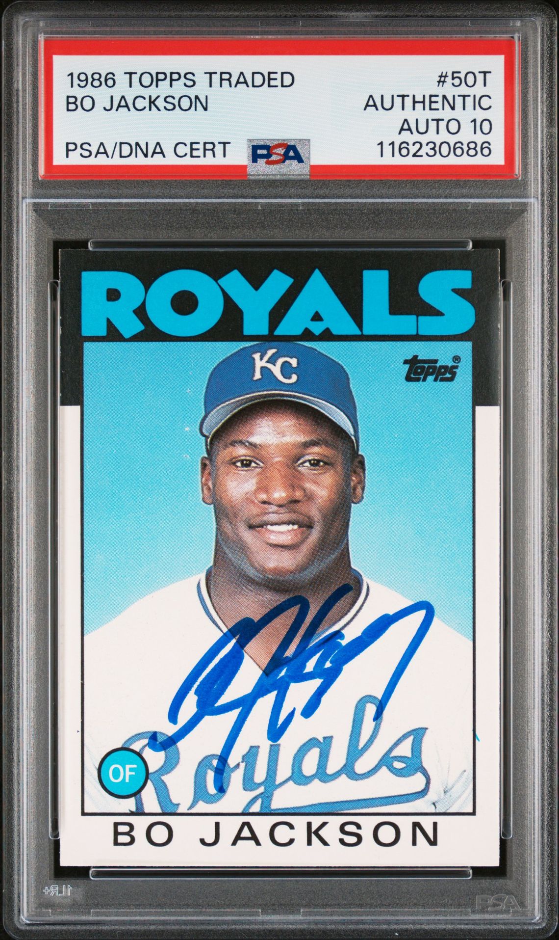 Bo Jackson 1986 Topps Traded Signed Baseball Rookie Card #50T Auto Graded PSA 10 Cert # 116230686