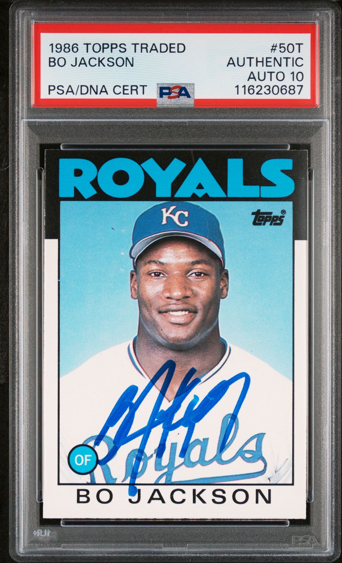 Bo Jackson 1986 Topps Traded Signed Baseball Rookie Card #50T Auto Graded PSA 10 Cert # 116230687