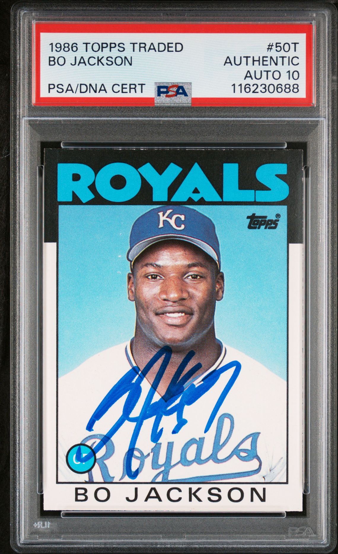 Bo Jackson 1986 Topps Traded Signed Baseball Rookie Card #50T Auto Graded PSA 10 Cert # 116230688