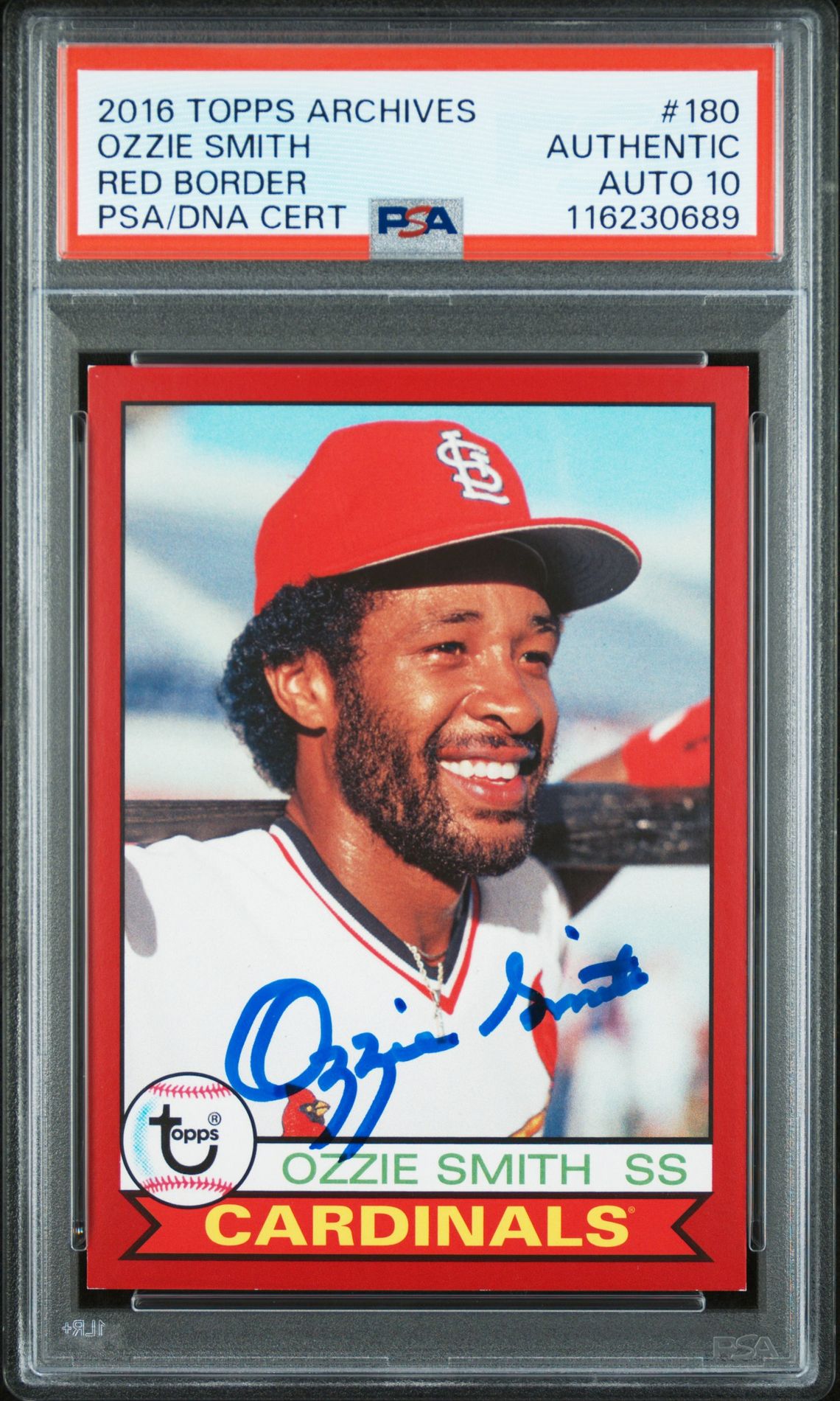 Ozzie Smith 2016 Topps Archives Red Border Signed Baseball Card #180 Auto Graded PSA 10 48/50 Cert # 116230689