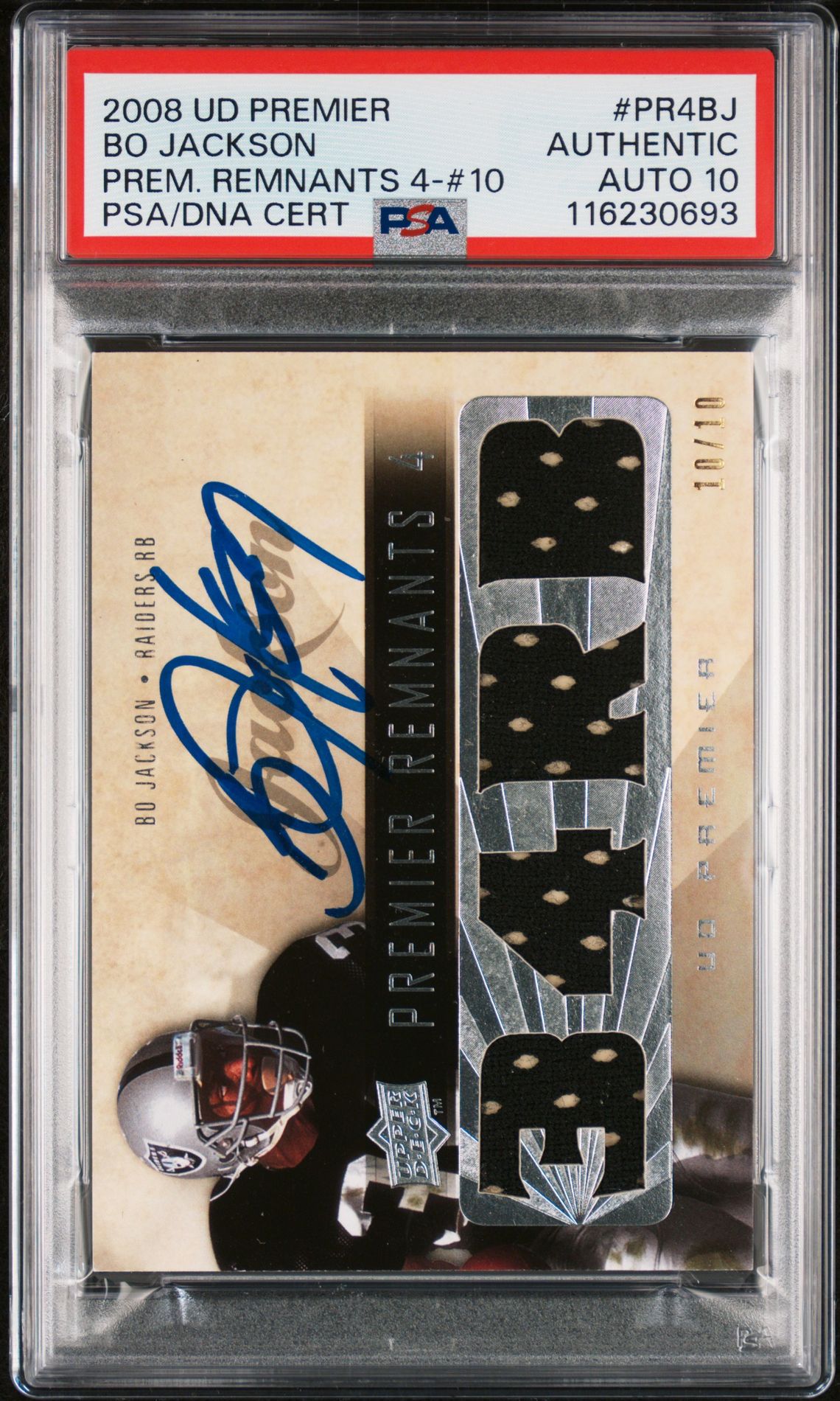 Bo Jackson 2008 Upper Deck Premier Remnants Game Used Jersey Signed Football Card #PR4BJ Auto Graded PSA 10 10/10 Cert # 116230693