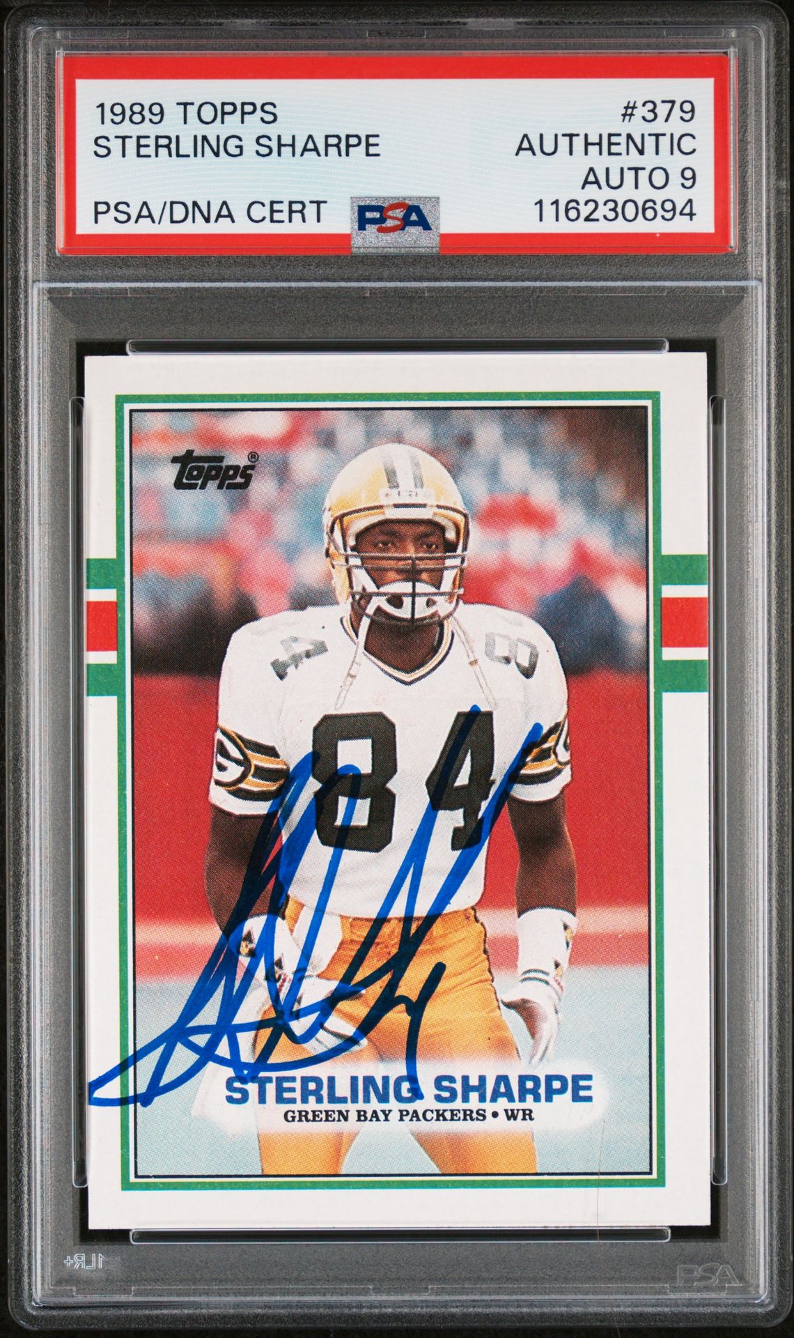 Sterling Sharpe 1989 Topps Signed Football Rookie Card #379 Auto Graded PSA 9 Cert # 116230694