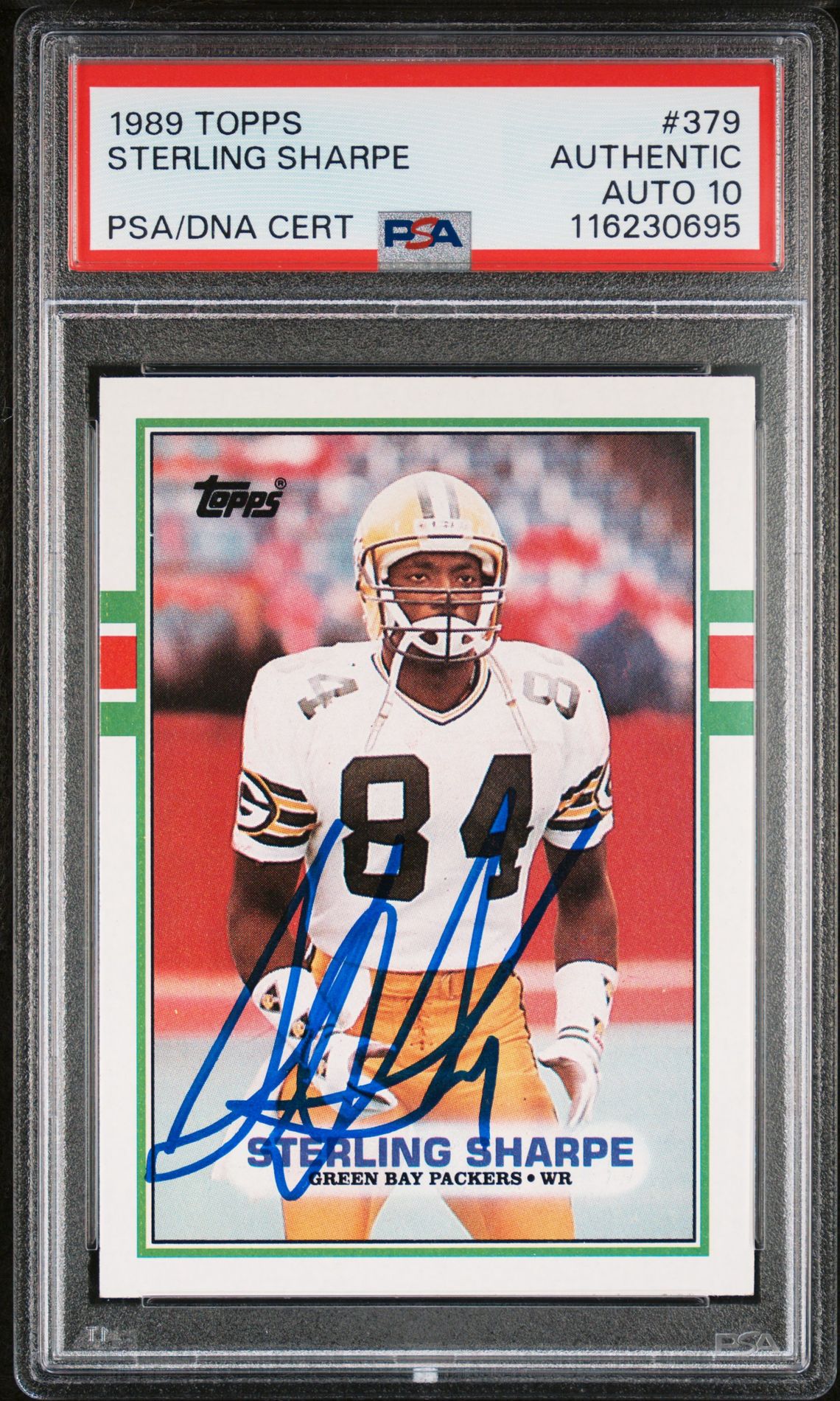 Sterling Sharpe 1989 Topps Signed Football Rookie Card #379 Auto Graded PSA 10 Cert # 116230695