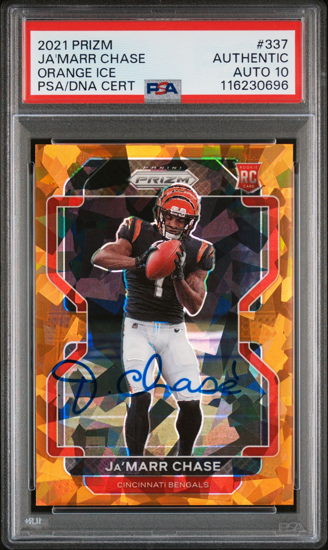 Ja'Marr Chase 2021 Panini Prizm Orange Ice Signed Football Rookie Card #337 Auto Graded 10 Cert # 116230696