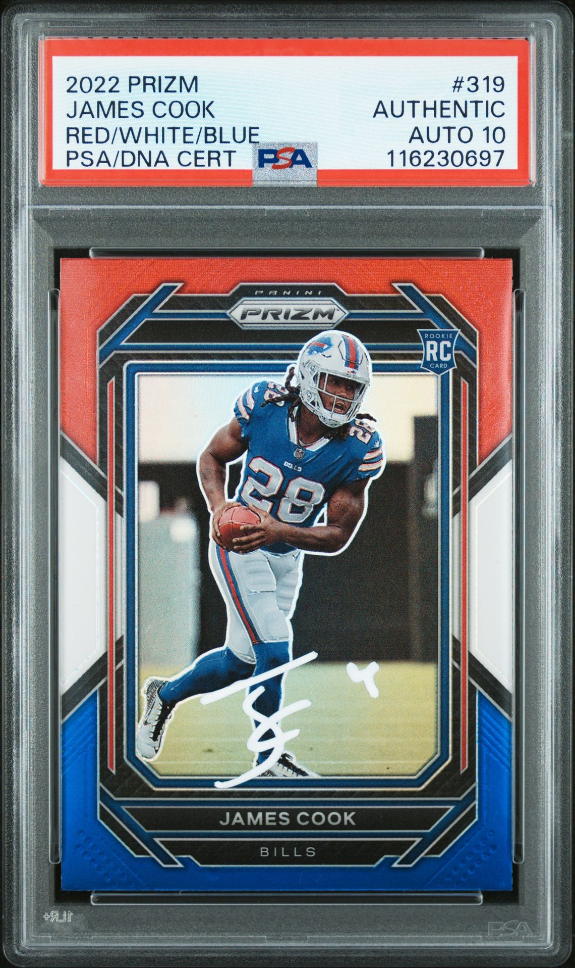James Cook 2022 Panini Prizm Red White Blue Signed Football Rookie Card #319 Auto Graded PSA 10 Cert # 116230697 James Cook 2022 Panini Prizm Red White Blue Signed Football Rookie Card #319 Auto Graded PSA 10 Cert # 116230697
