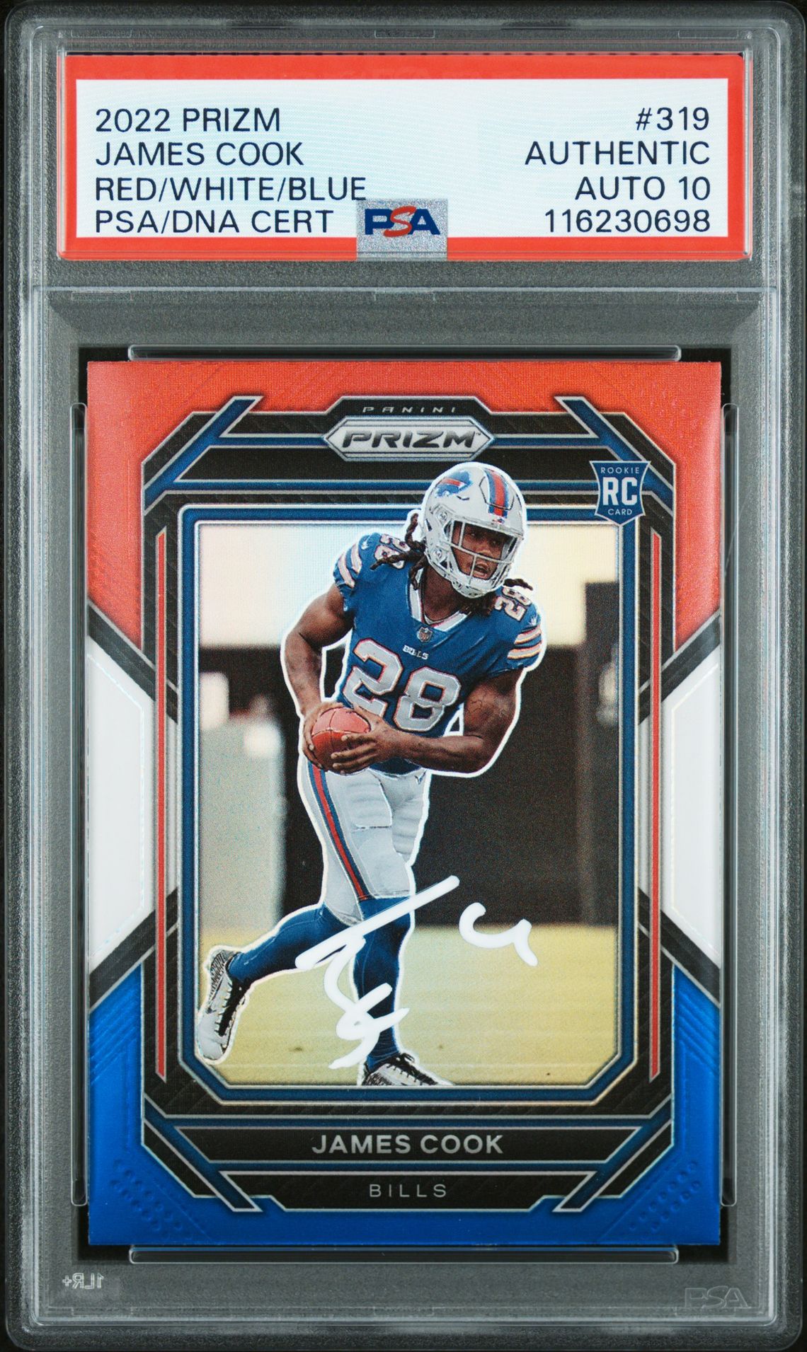 James Cook 2022 Panini Prizm Red White Blue Signed Football Rookie Card #319 Auto Graded PSA 10 Cert # 116230698 James Cook 2022 Panini Prizm Red White Blue Signed Football Rookie Card #319 Auto Graded PSA 10 Cert # 116230698