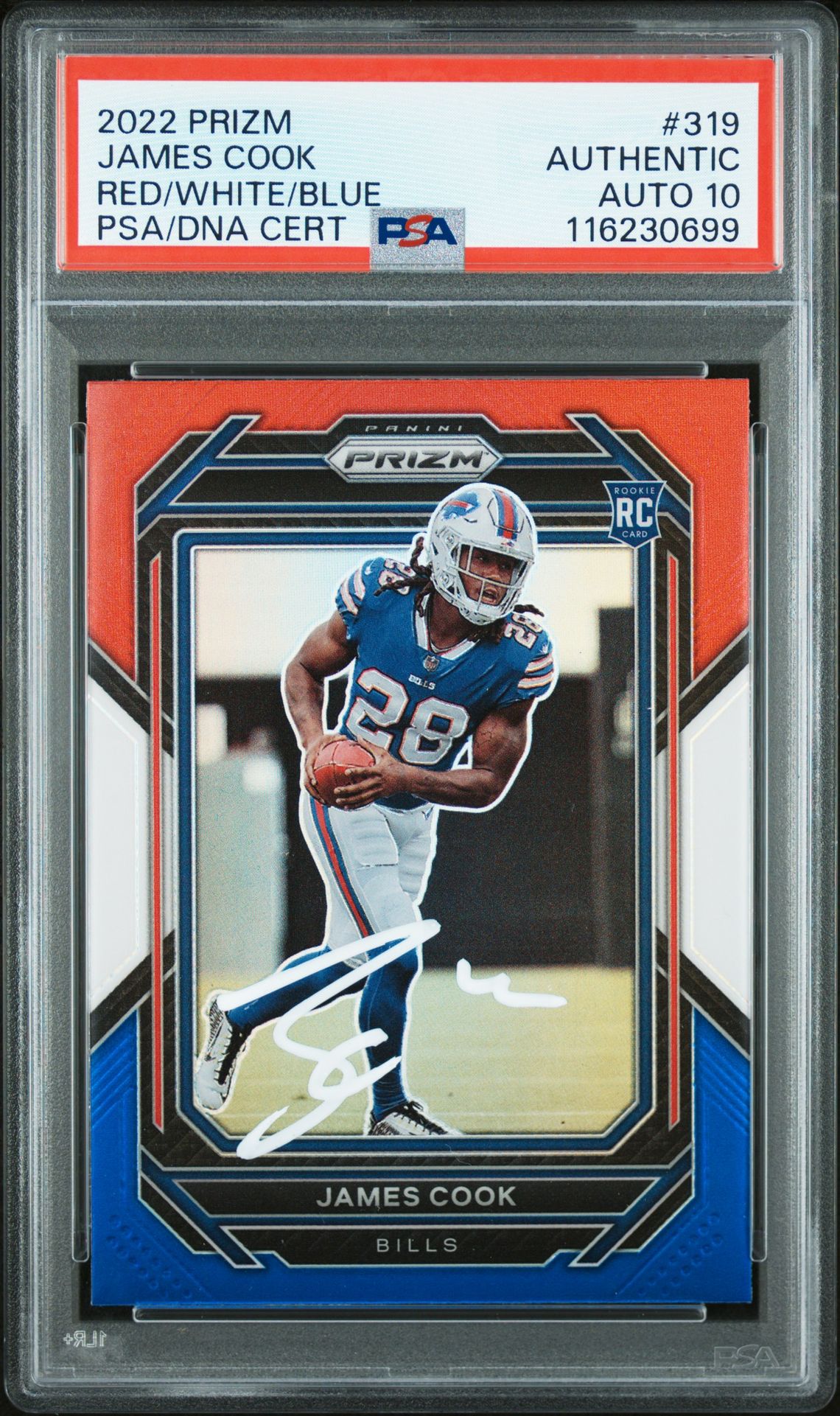 James Cook 2022 Panini Prizm Red White Blue Signed Football Rookie Card #319 Auto Graded PSA 10 Cert # 116230699 James Cook 2022 Panini Prizm Red White Blue Signed Football Rookie Card #319 Auto Graded PSA 10 Cert # 116230699
