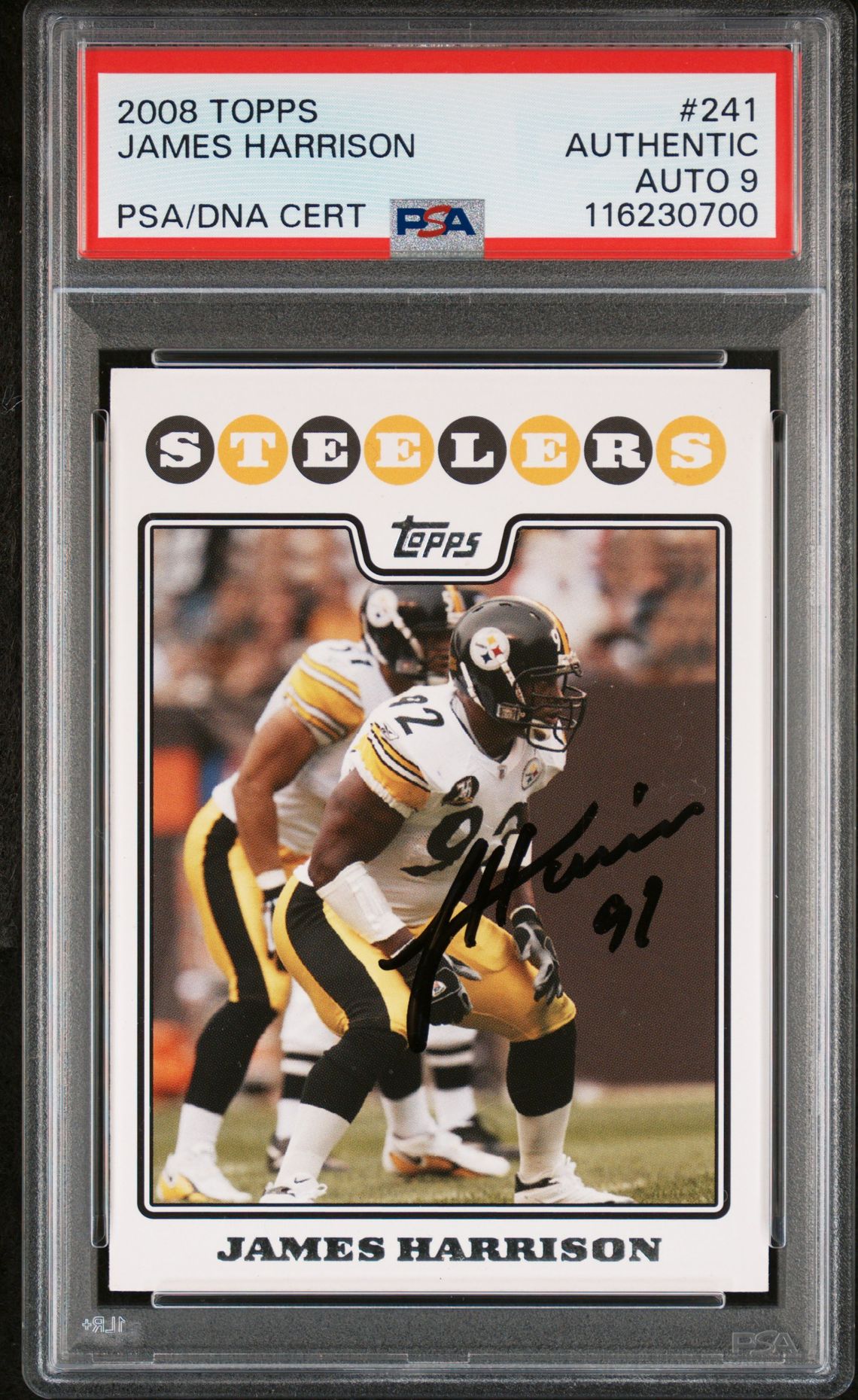 James Harrison 2008 Topps Signed Football Rookie Card #241 Auto Graded PSA 9 Cert # 116230700