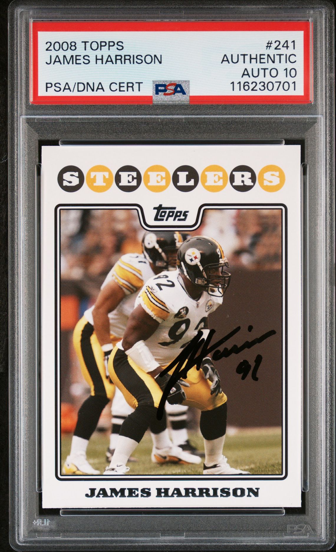 James Harrison 2008 Topps Signed Football Rookie Card #241 Auto Graded PSA 10 Cert # 116230701