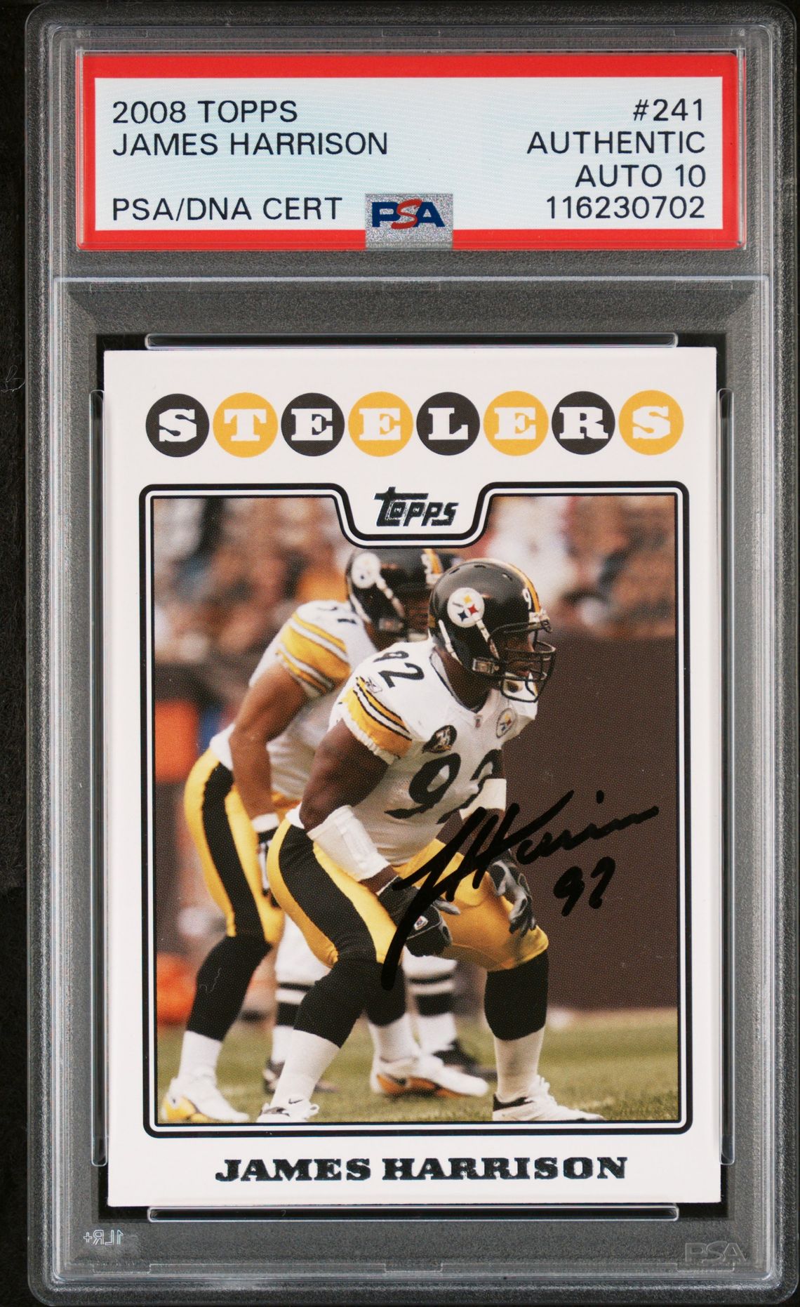 James Harrison 2008 Topps Signed Football Rookie Card #241 Auto Graded PSA 10 Cert # 116230702