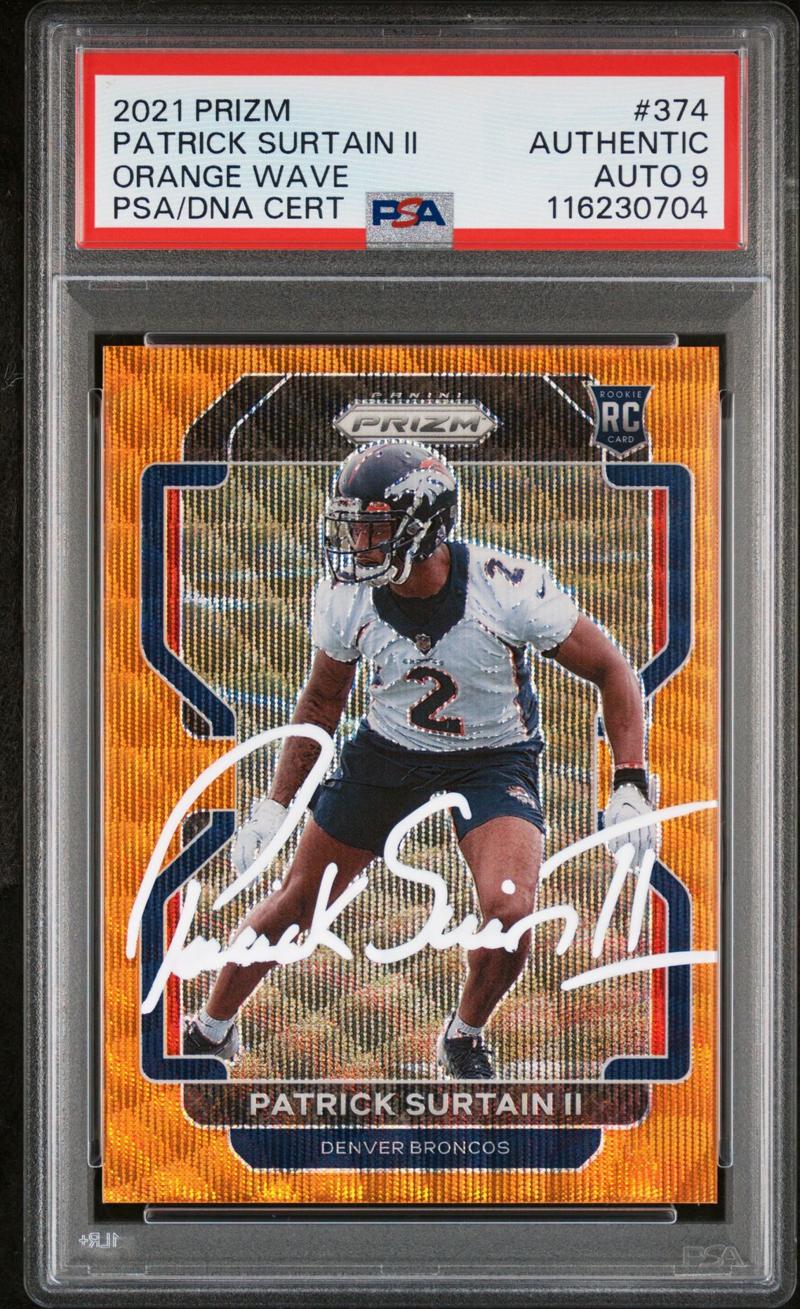 Patrick Surtain II 2021 Panini Prizm Orange Wave Signed Football Rookie Card #374 Auto Graded PSA 9 55/60 Cert # 116230704