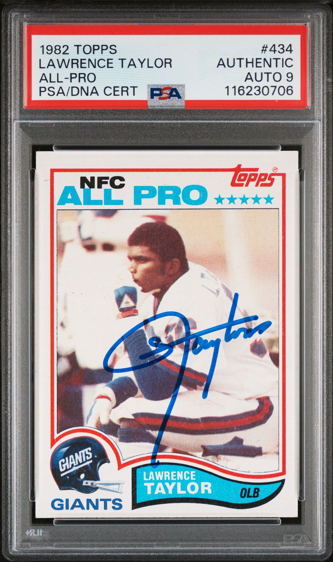 Lawrence Taylor 1982 Topps All-Pro Signed Football Rookie Card #434 Auto Graded PSA 9 Cert # 116230706