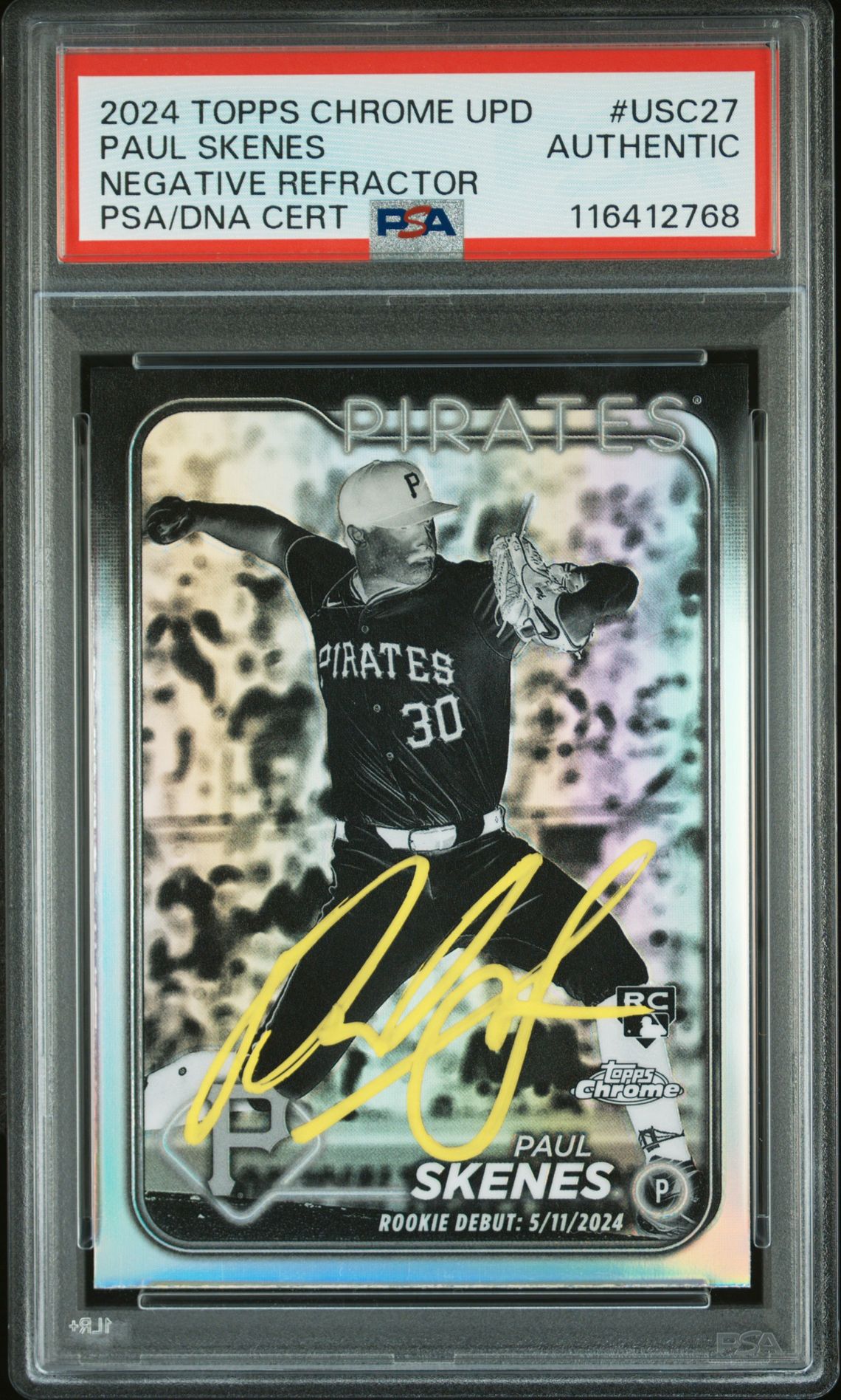 Paul Skenes 2024 Topps Chrome Negative Refractor Rookie Card #USC27 Auto PSA