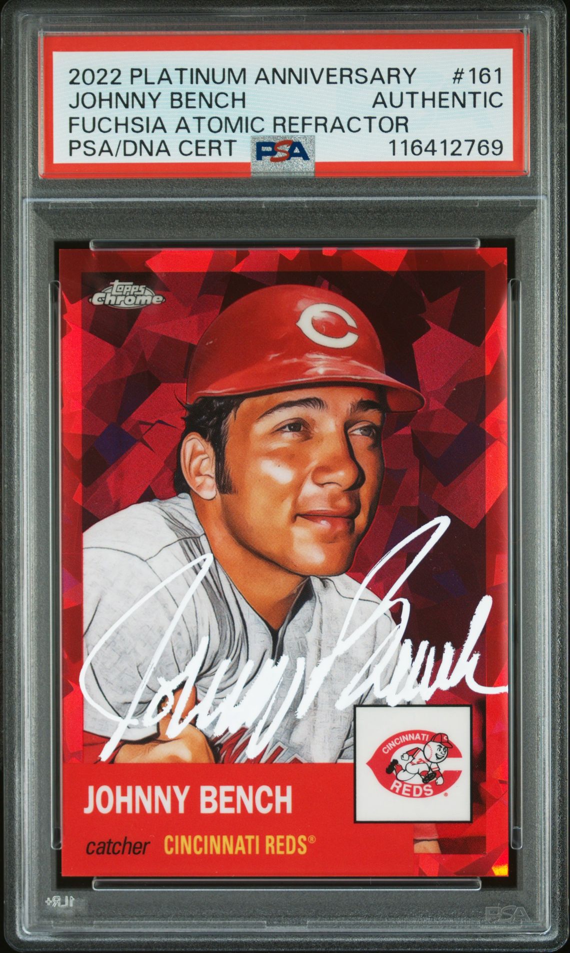 Johnny Bench 2022 Topps Chrome Fuchsia Red Refractor Card #161 Auto PSA 35/100