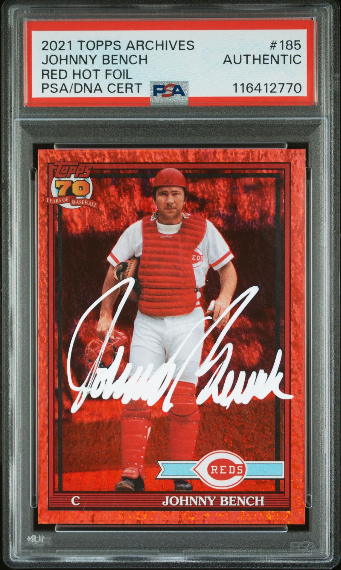 Johnny Bench 2021 Topps Archives Red Hot Foil Signed Card #185 Auto PSA 45/50