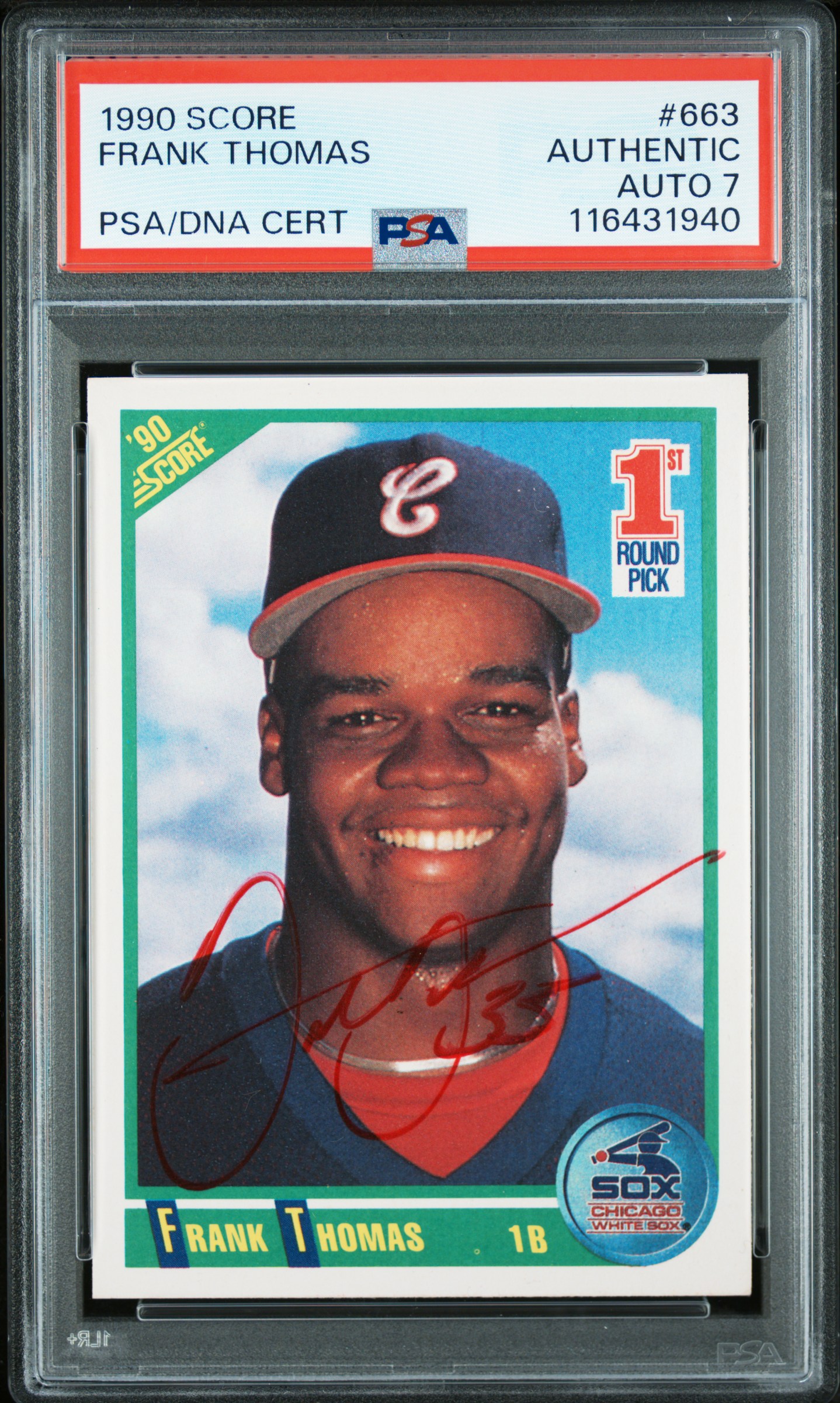 Frank Thomas 1990 Score Chicago White Sox Signed Baseball Rookie Card #663 Graded PSA Authentic Auto 7 Cert #116431940
